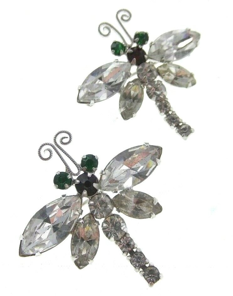 2pc Set Vintage 1.5″ Prong Set Rhinestone Dragonfly Brooch Insect Bug