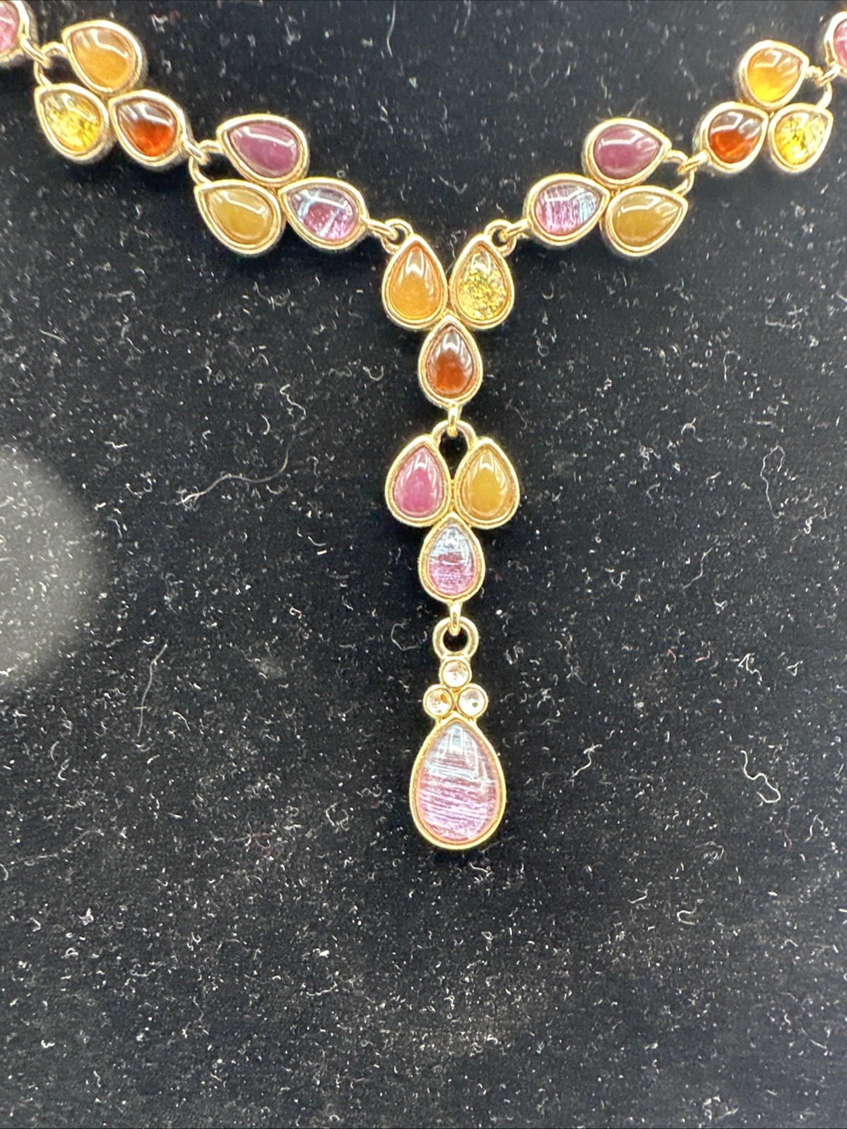 Faux Gemstone Glass Cabochon Lavaliere Necklace Purple Gold Vintage Jewelry 18in