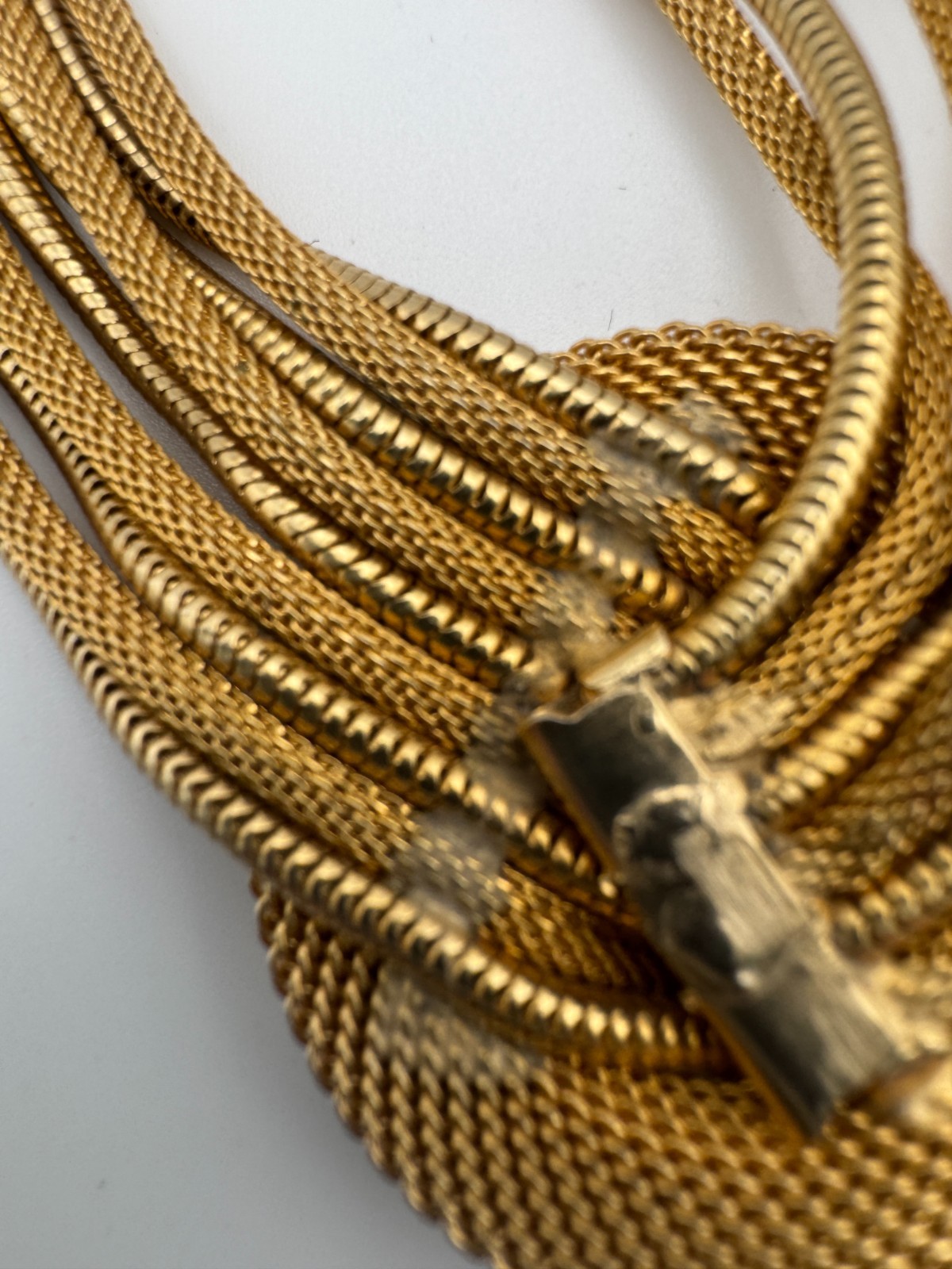 Vintage Mesh Necklace Multi Strand Snake Chain Tassel Knot Fringe Gold Tone