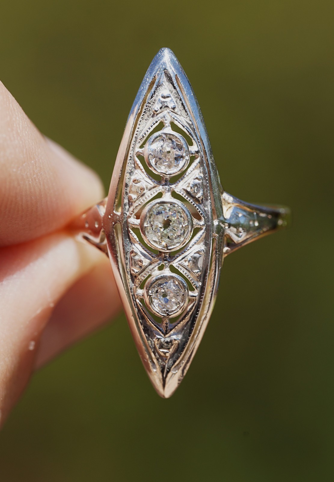 Antique Edwardian 12k Solid Gold Natural Old European Cut Ring Filigree Navette