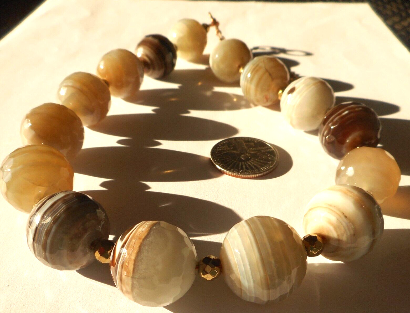 Artisan Polished Faceted Onyx/Agate 1″ Large Bead Goldtone 16-20″ Necklace