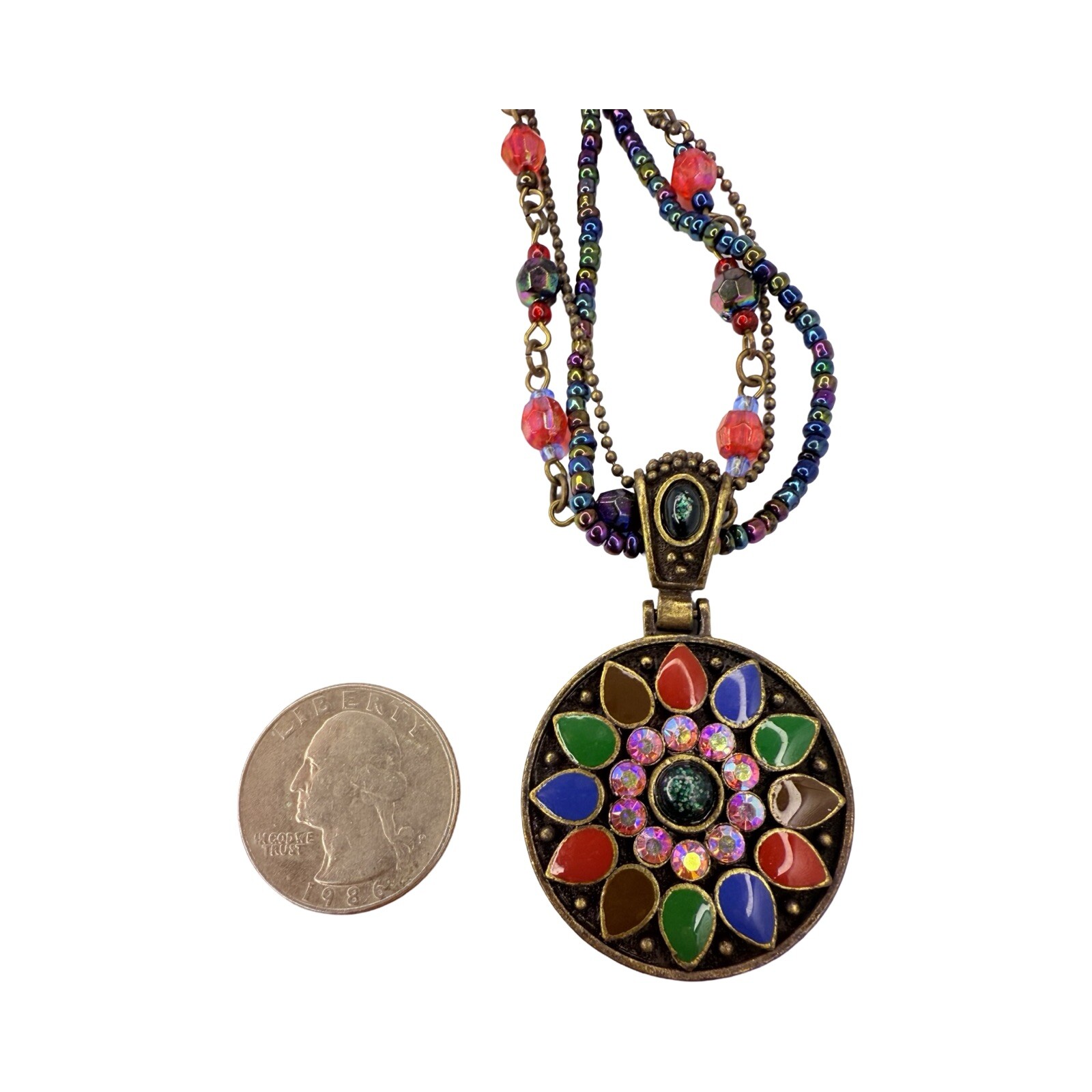 Multicolor Necklace Statement Pendant 19″ Beaded Layered Chain Bohemian