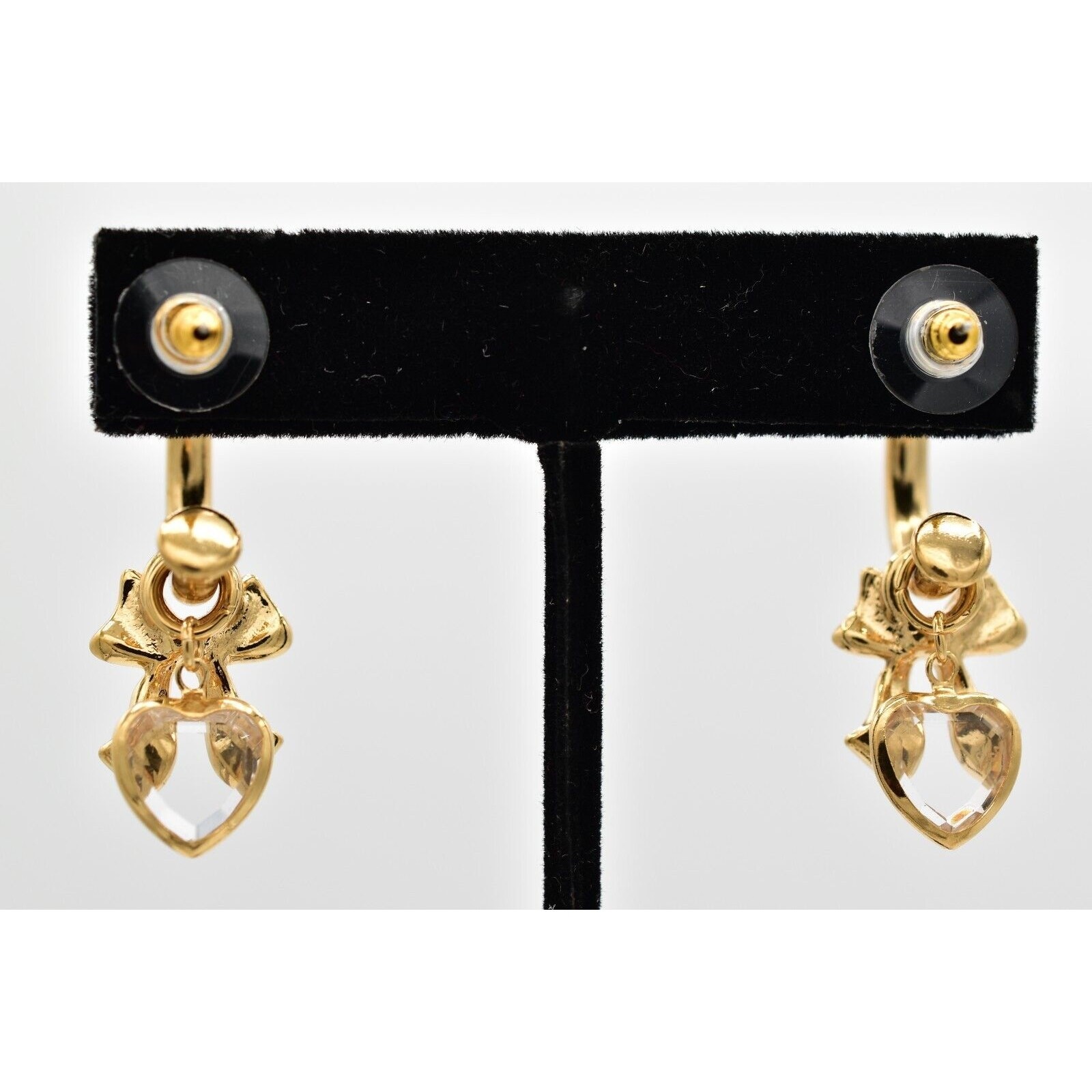 Vintage Hoop Charm Earrings Bow Crystal Bezel Heart Dangle Drop 1990s BinW