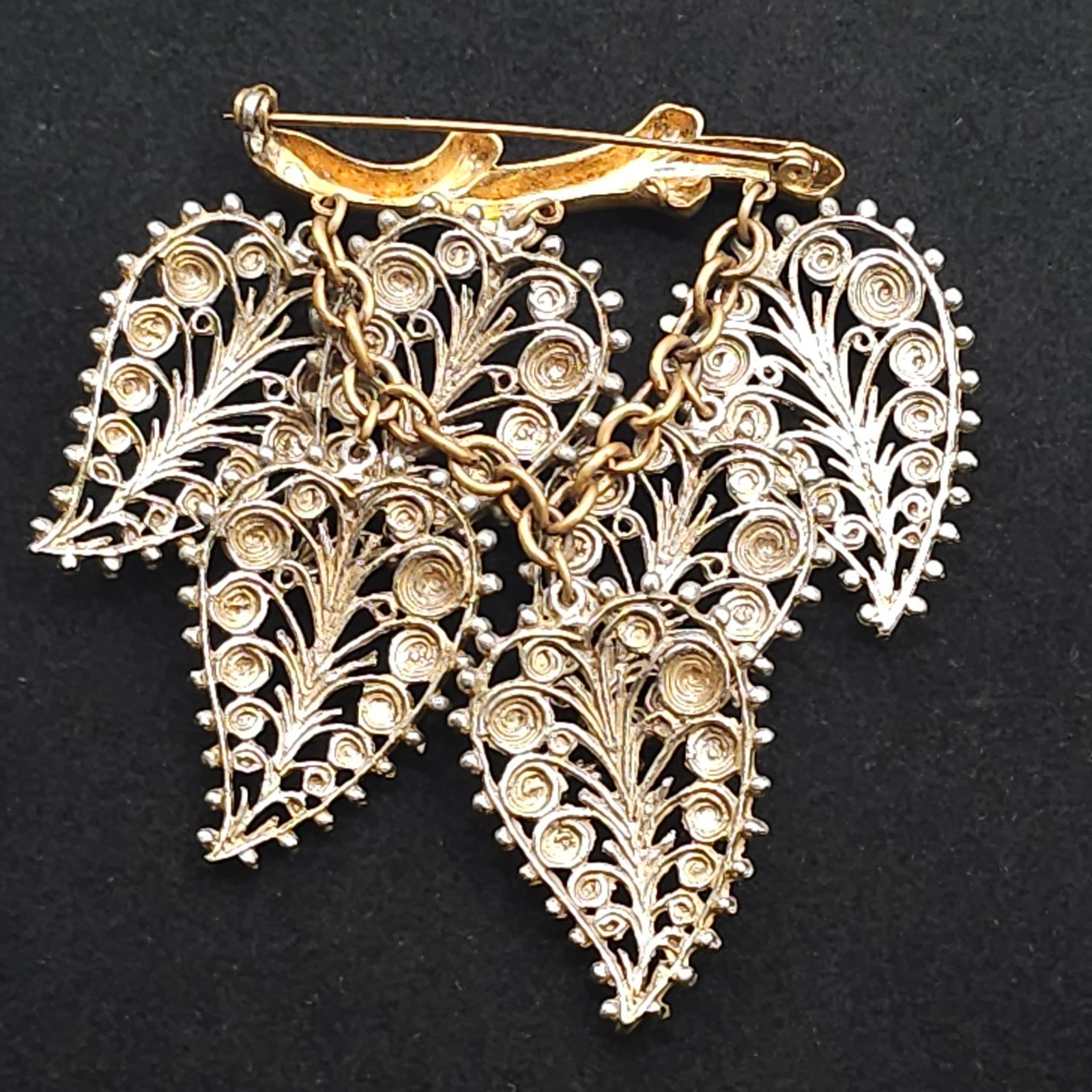 Vintage Filigree Dangle Leaf Brooch Statement Nature Gold & Silver Tone Ornate