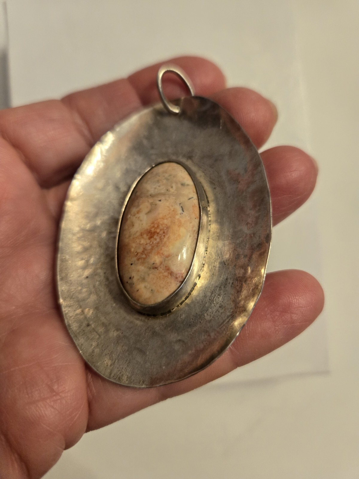 Vintage Oversized Oval Agate Hammer finish White Metal Artisan Crafted Pendant