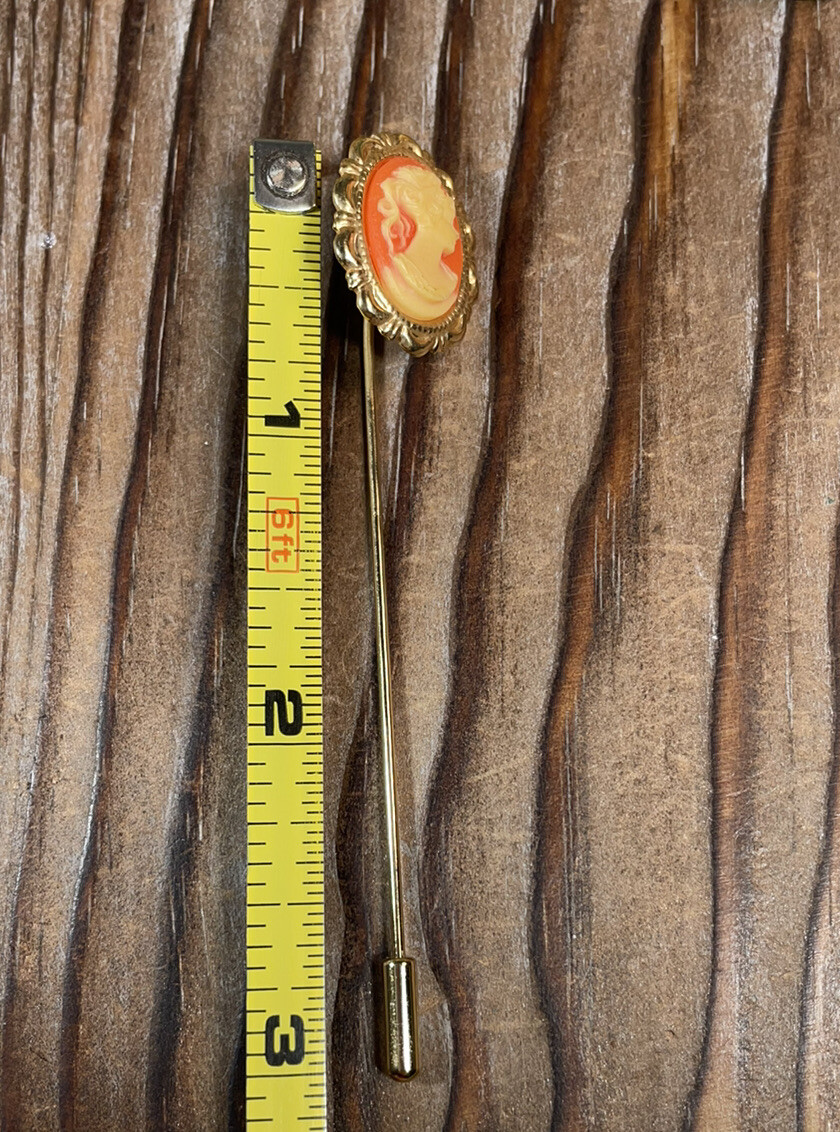 Carved Cameo vintage stick pin hat lapel gold tone orange cream jewelry