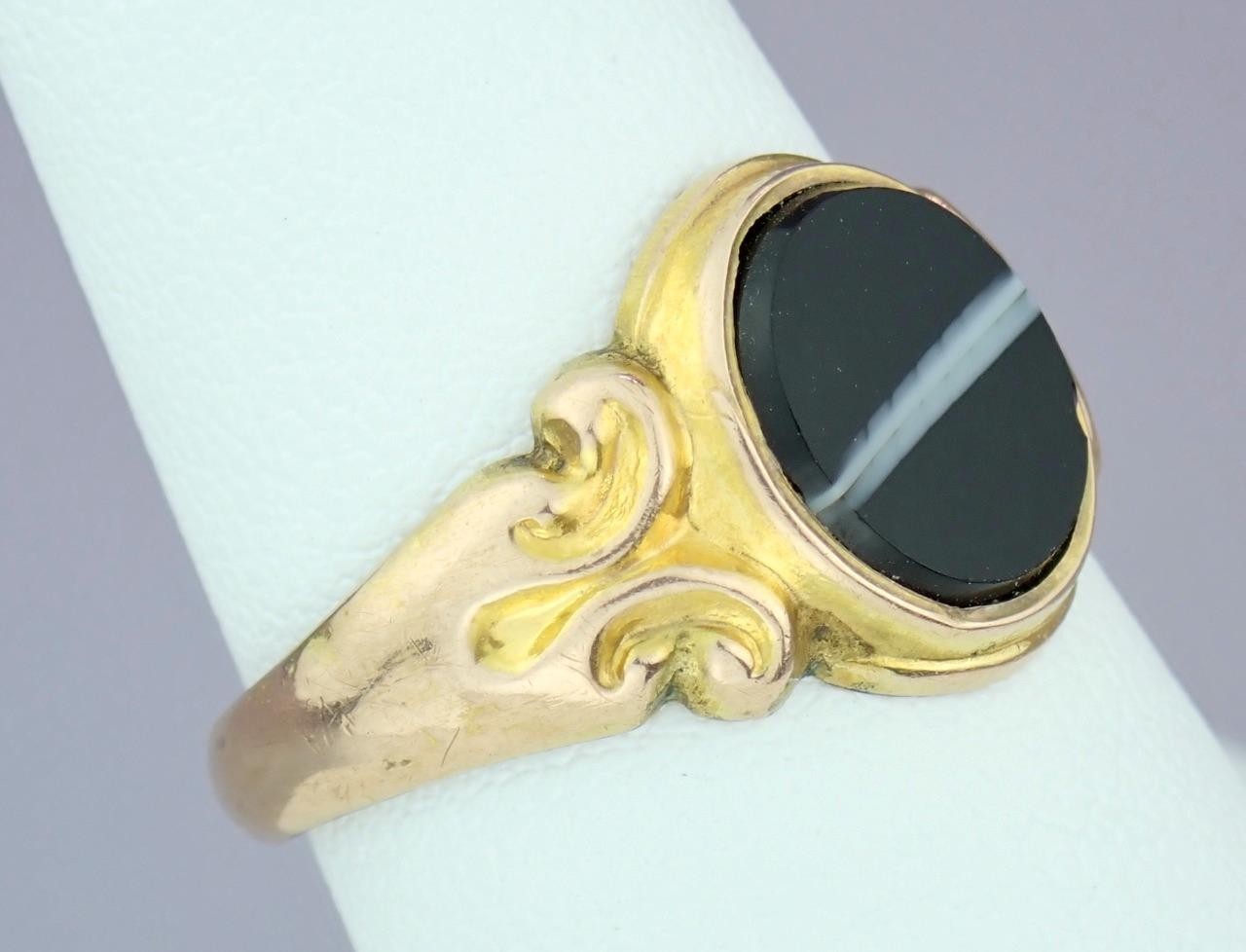 Fine Antique Edwardian Solid 9K Rose Gold Banded Agate Signet Pinky Ring 1904 8