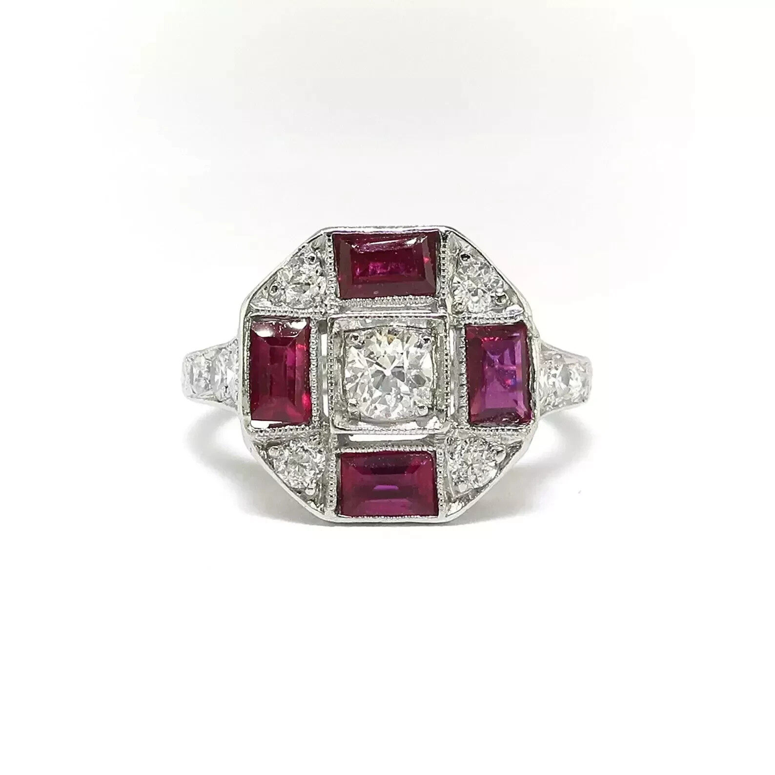 1.2Ct Round Lab CreatedDiamond & Ruby Art Deco Style Engagement Ring 925 Silver