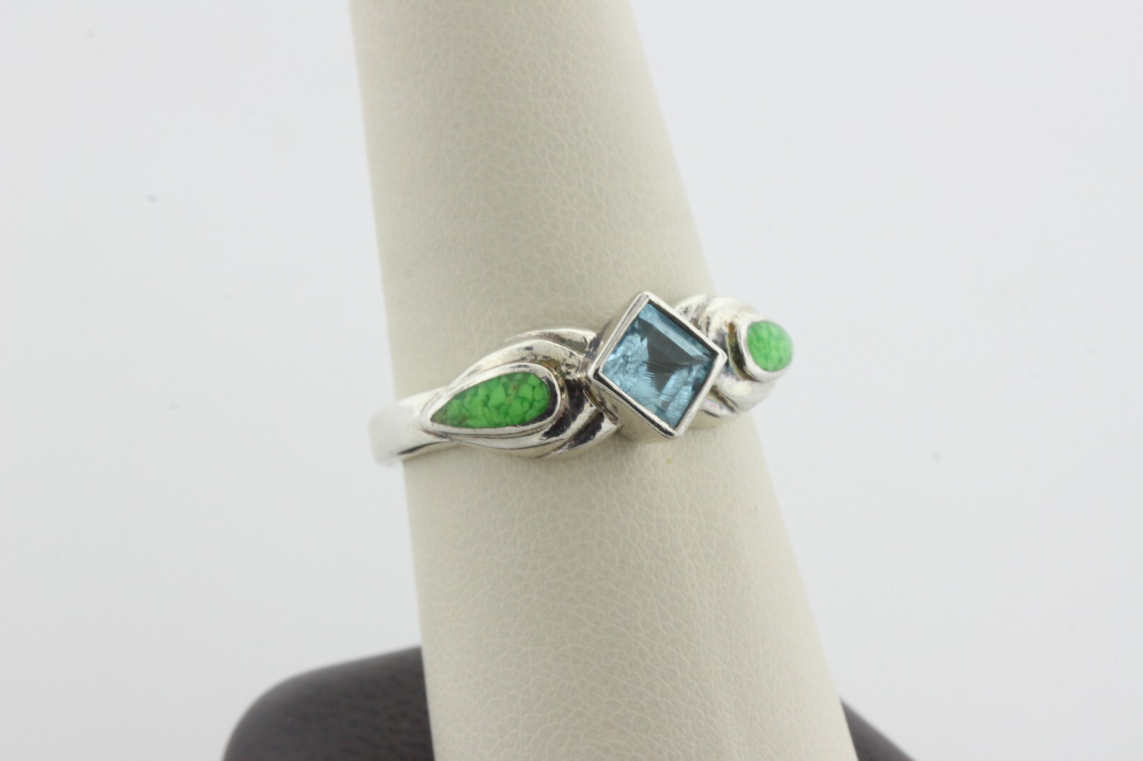 CW Sterling Silver 925 Vintage Blue Topaz & Green Turquoise Inlay Ring – Size 9