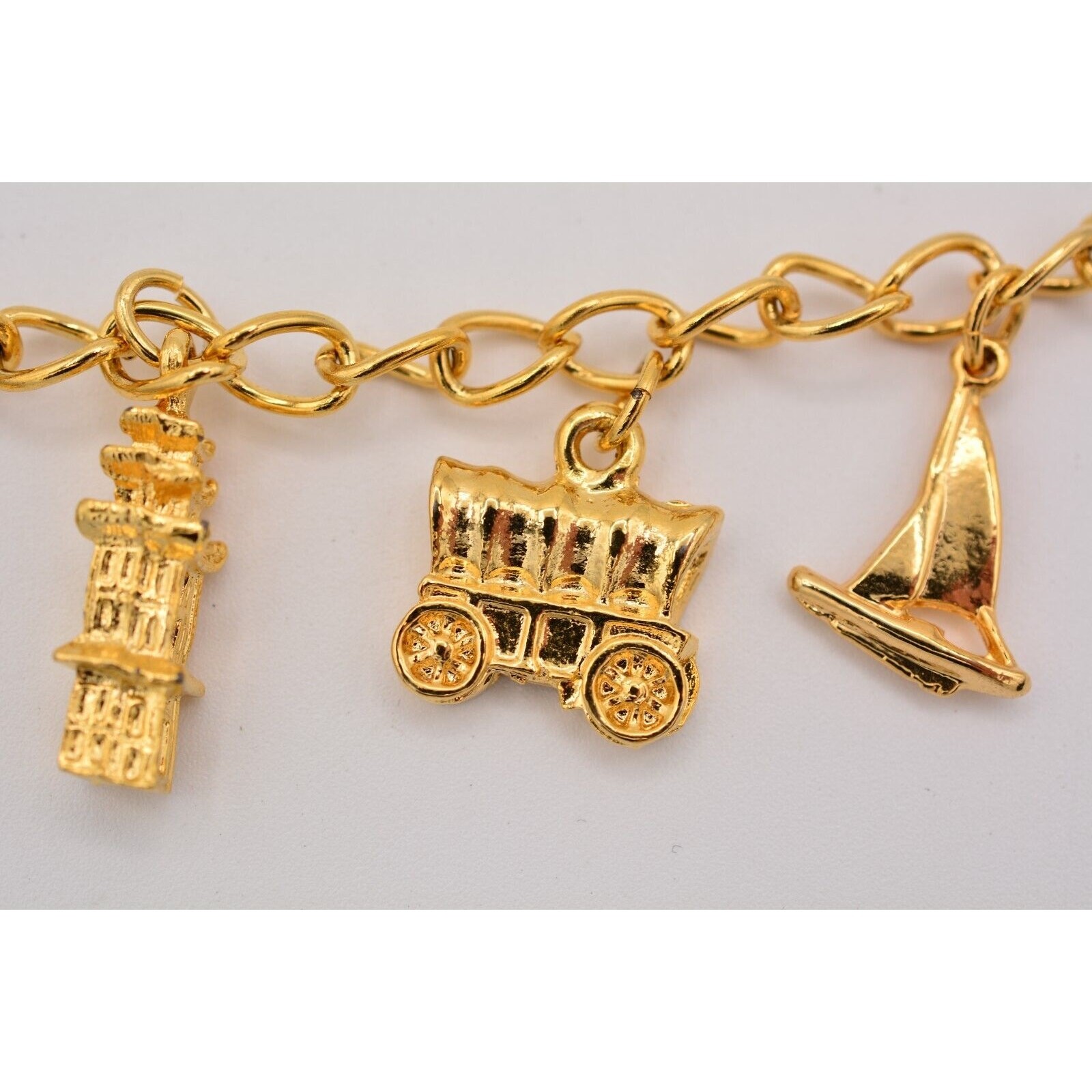 Vintage Charm Bracelet Disneyland Grapes Sailboat Gold Tone Chain Dangle BinAD