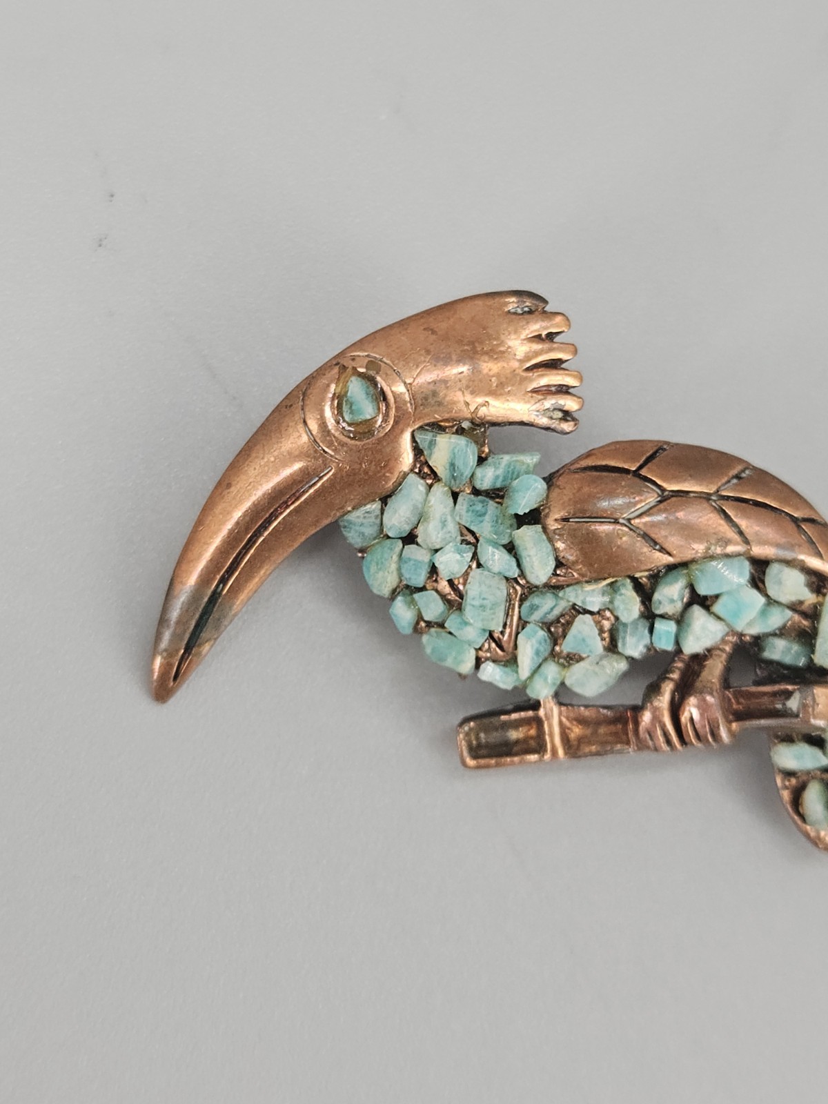 Vintage Copper Toucan Turquoise Chip Inlay Brooch MCM Jewelry Pin