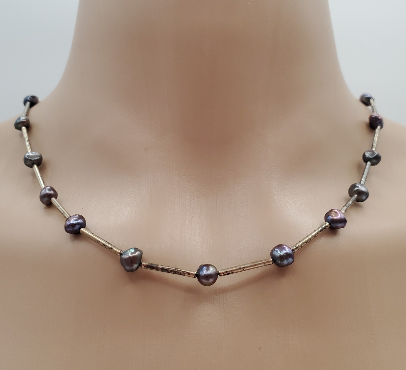 VTG 925 Peacock Pearl Necklace 16in Sterling Silver Bar Links 7g Gray Station