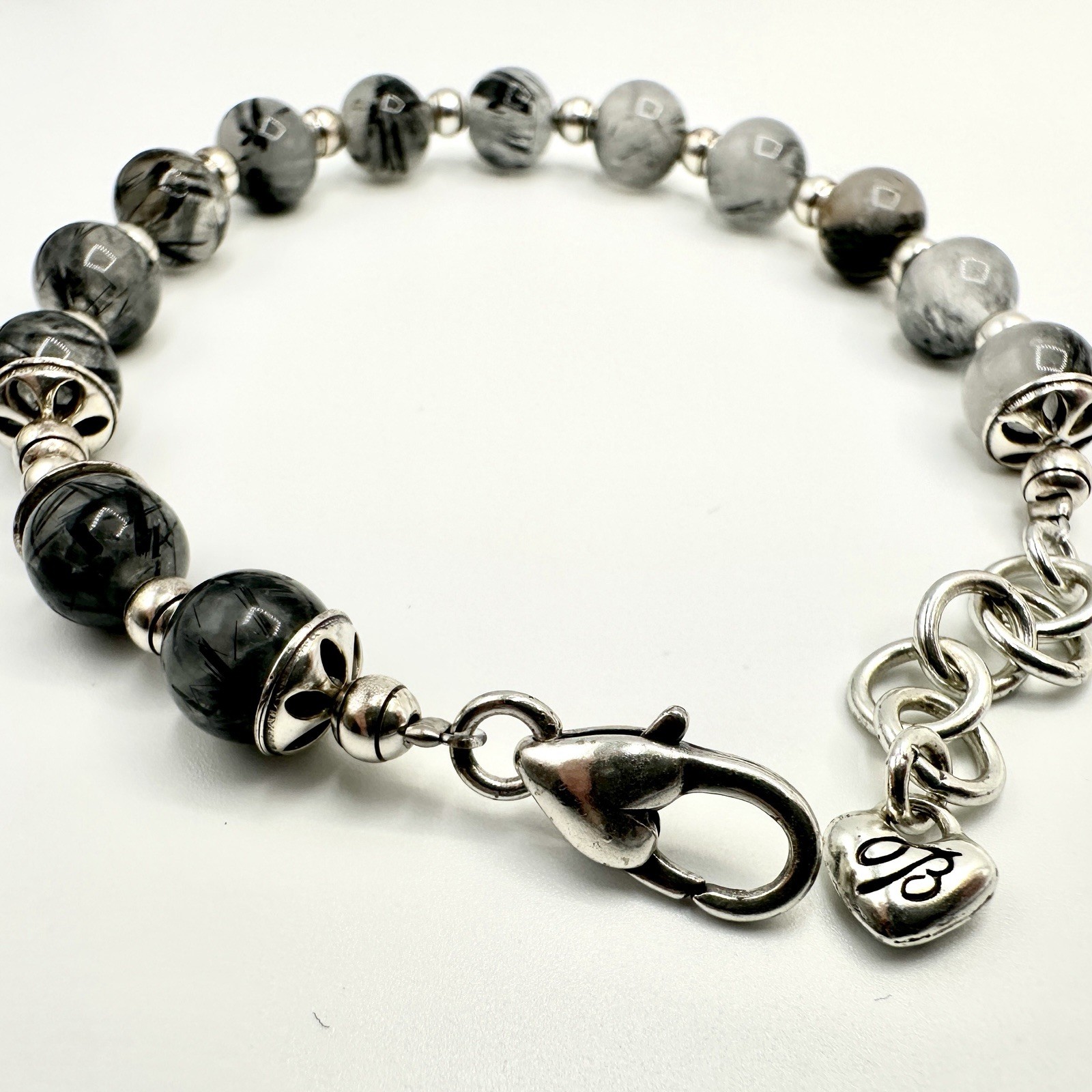 Vintage BRIGHTON Black Rutilated Quartz Beaded Bracelet Gray Marbled Silver Tone