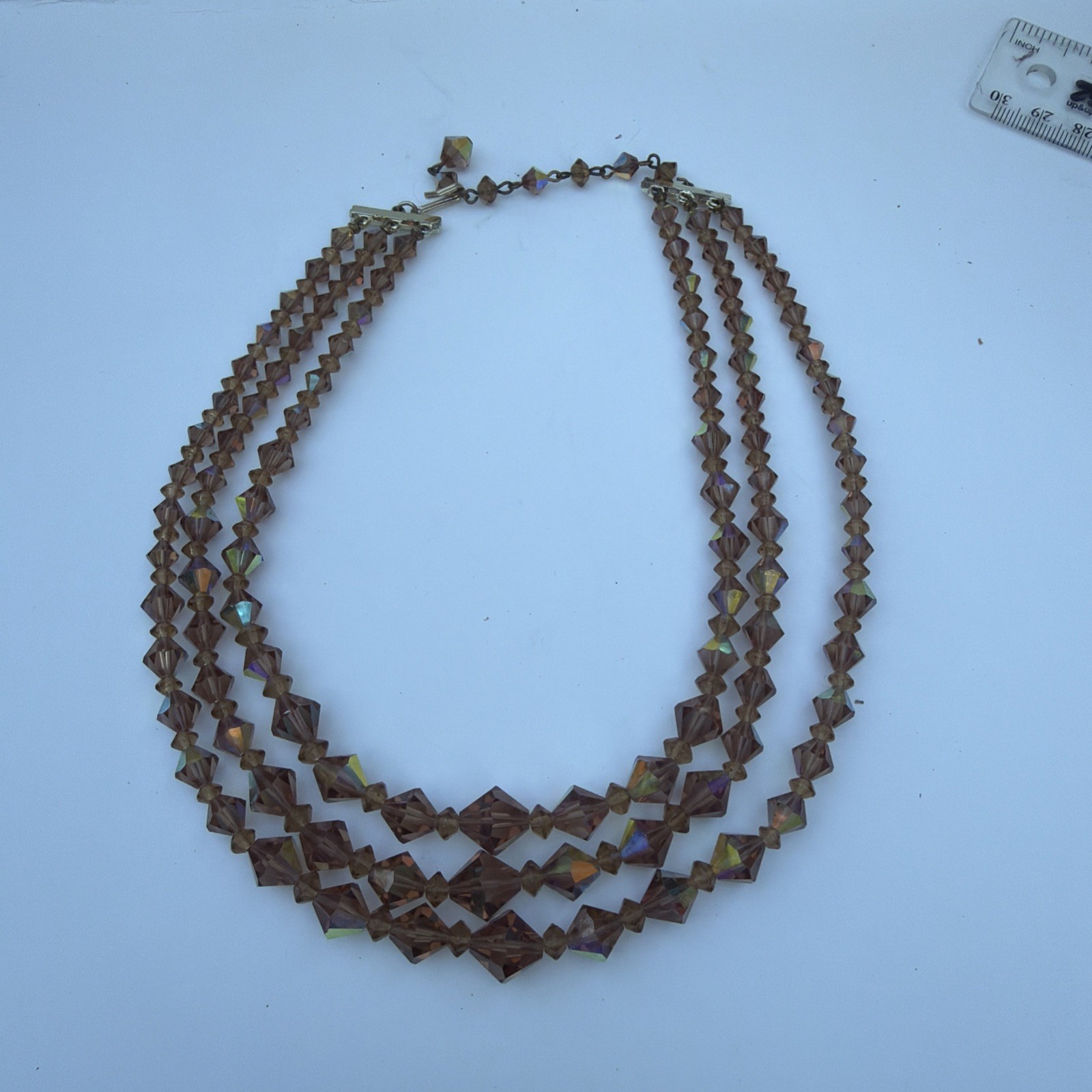 Vintage Graduated Iridescent Three Strand Champagne Bicone Crystal Bead Necklace