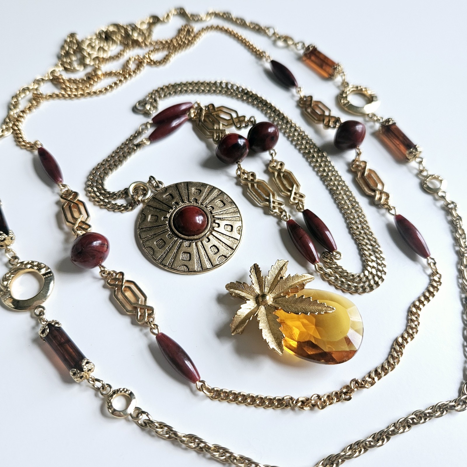 Vntg Coventry 3 Necklaces Safari Faceted Glass Brooch Pendant Brown Gold Chain