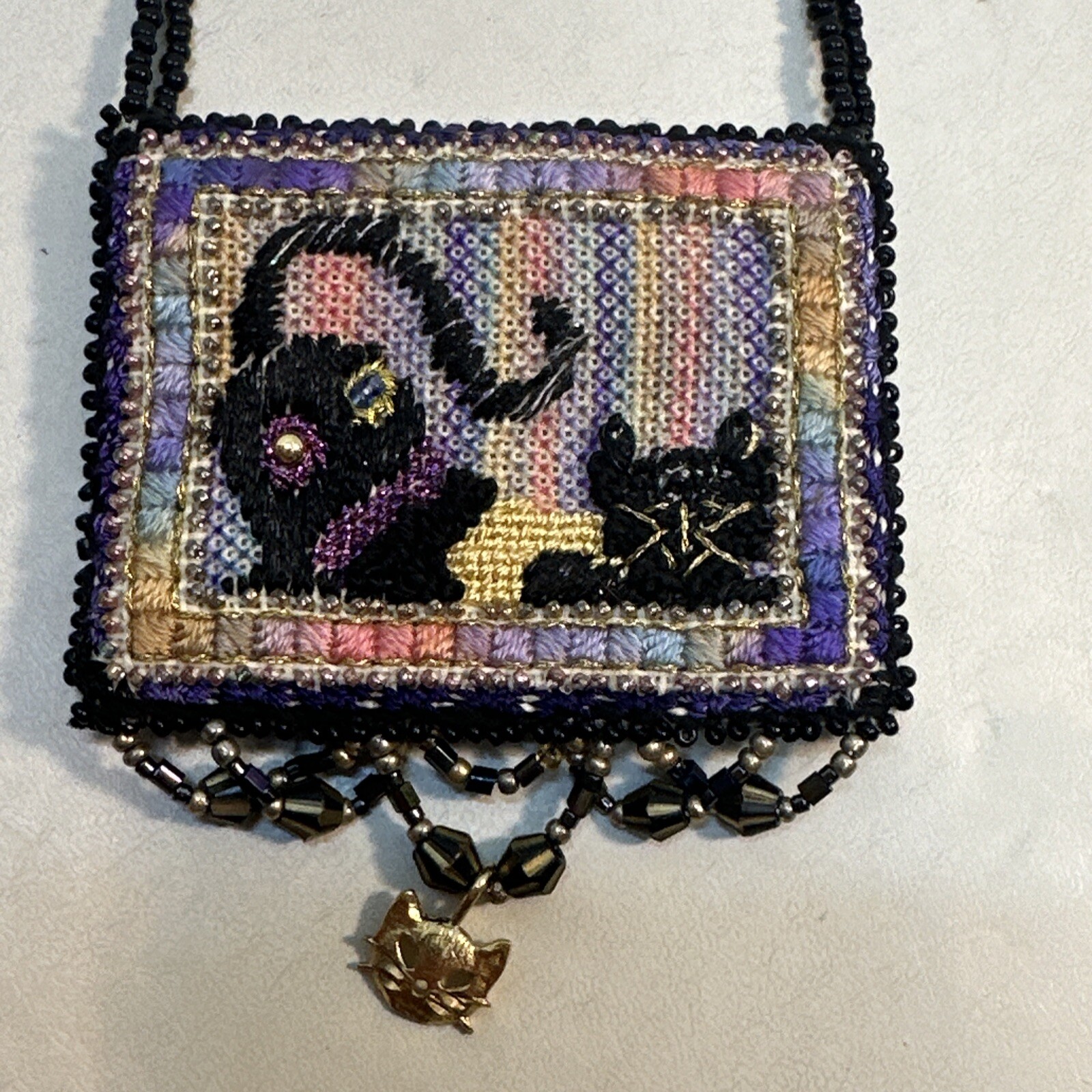 Vintage Handmade Kitty Cat Sead Bead Southwestern Necklace With Fringe Dangle