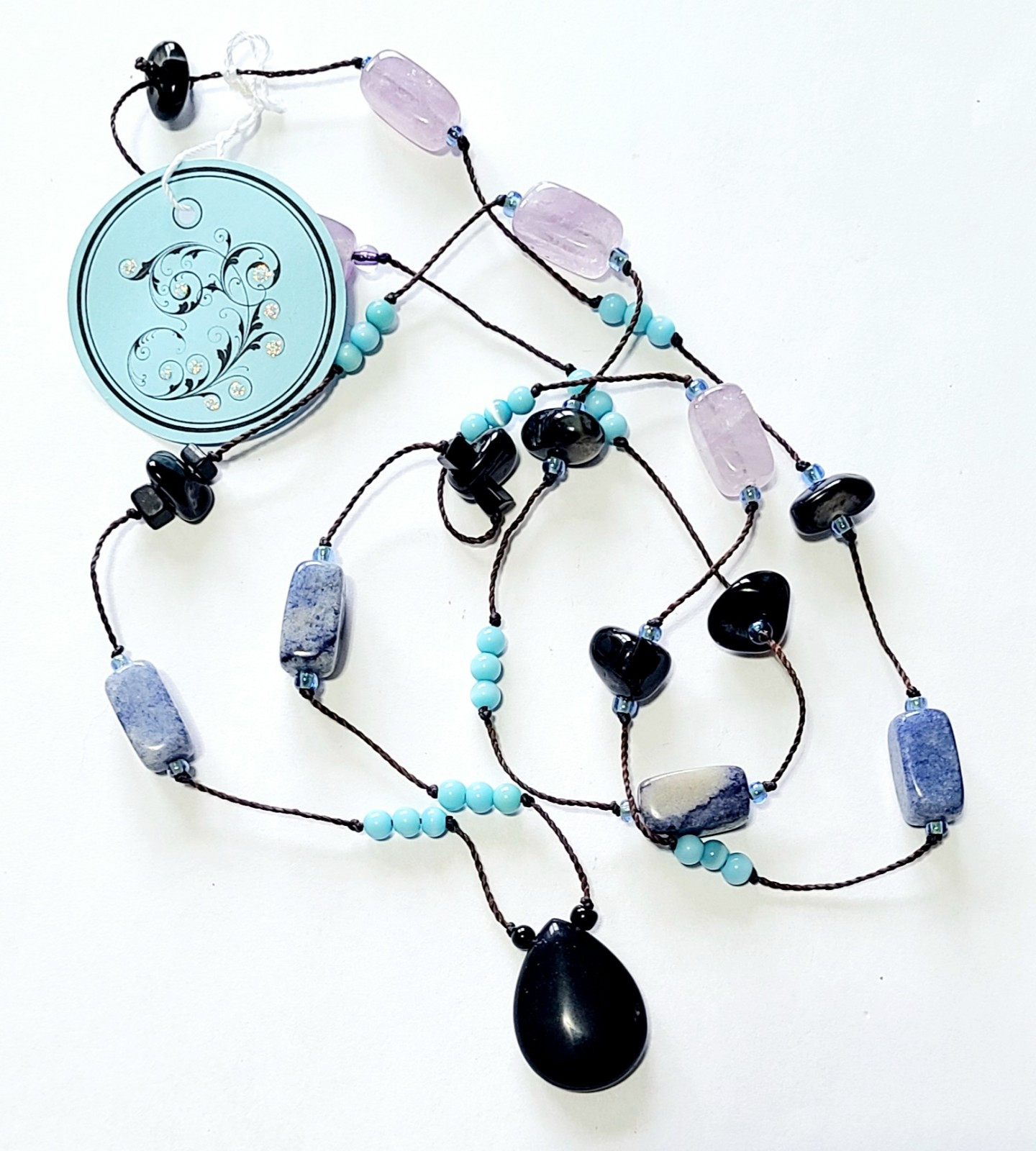 Vintage Long Necklace Blue Glass Beads Stones Different Shapes & Hues Necklace