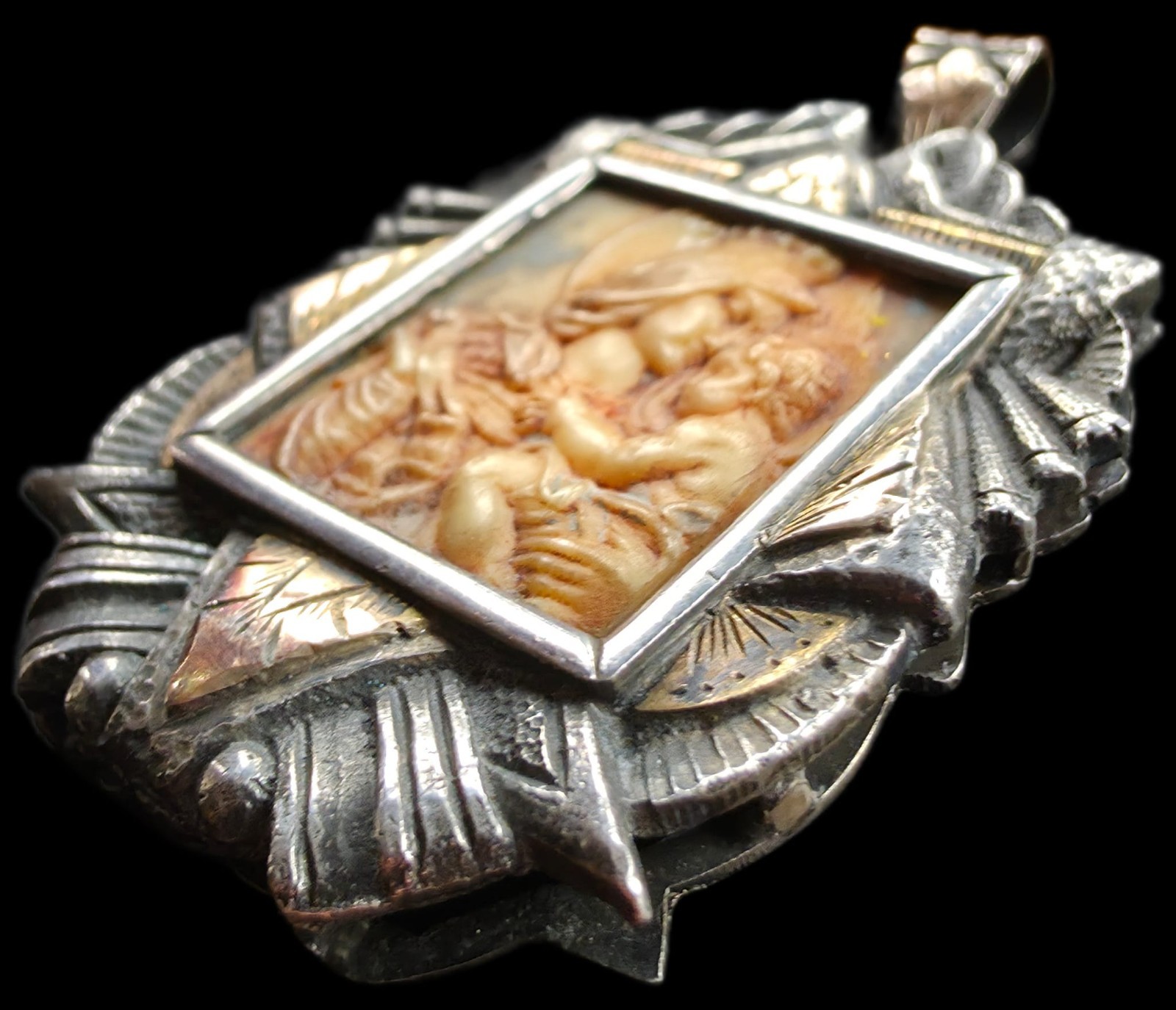 Fine Antique Art Nouveau Silver Gold Madonna Virgin Mary and Jesus Pendant C1900
