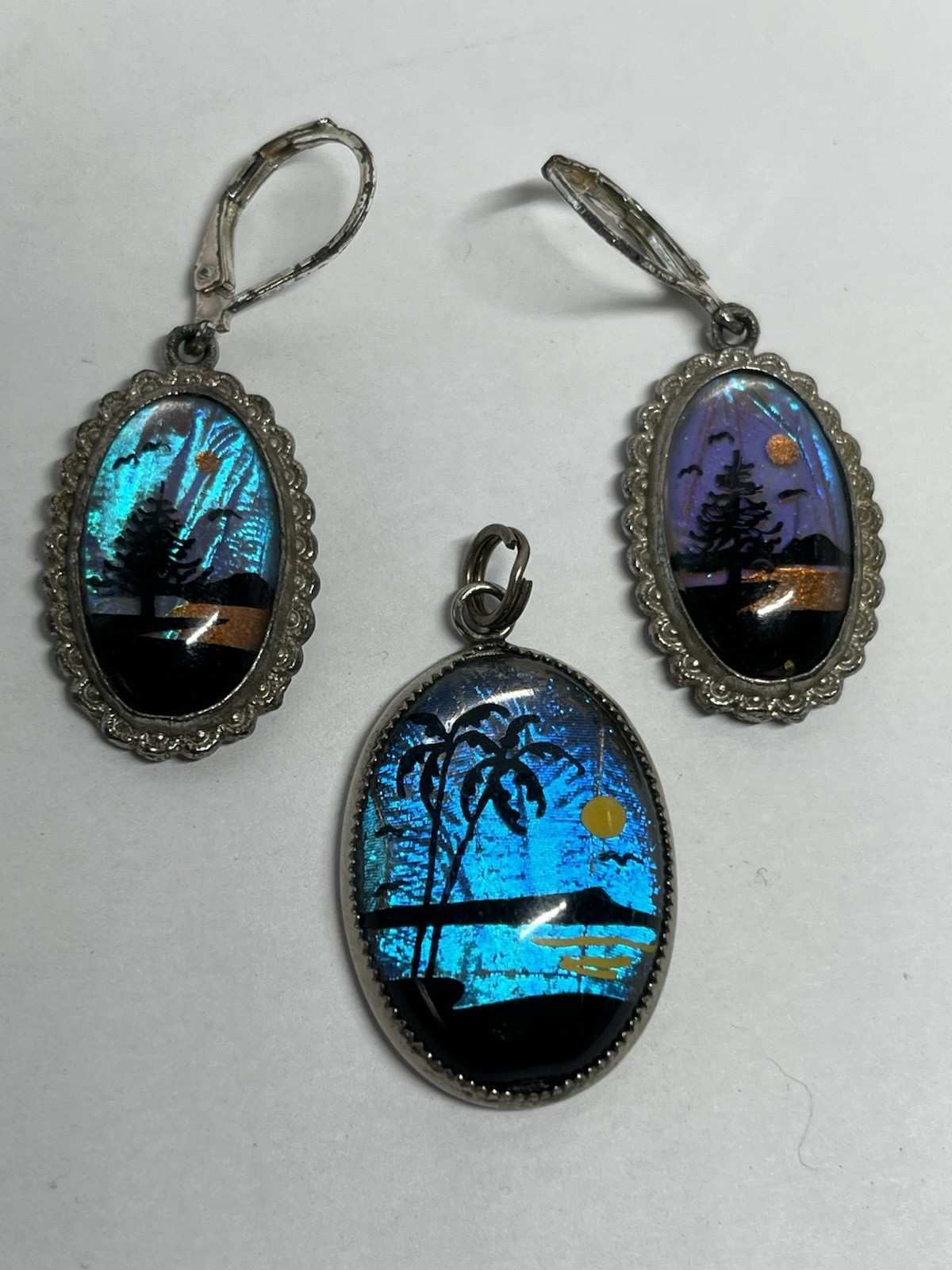 Vintage Blue Morpho Butterfly Wings Pendant & Earrings Set