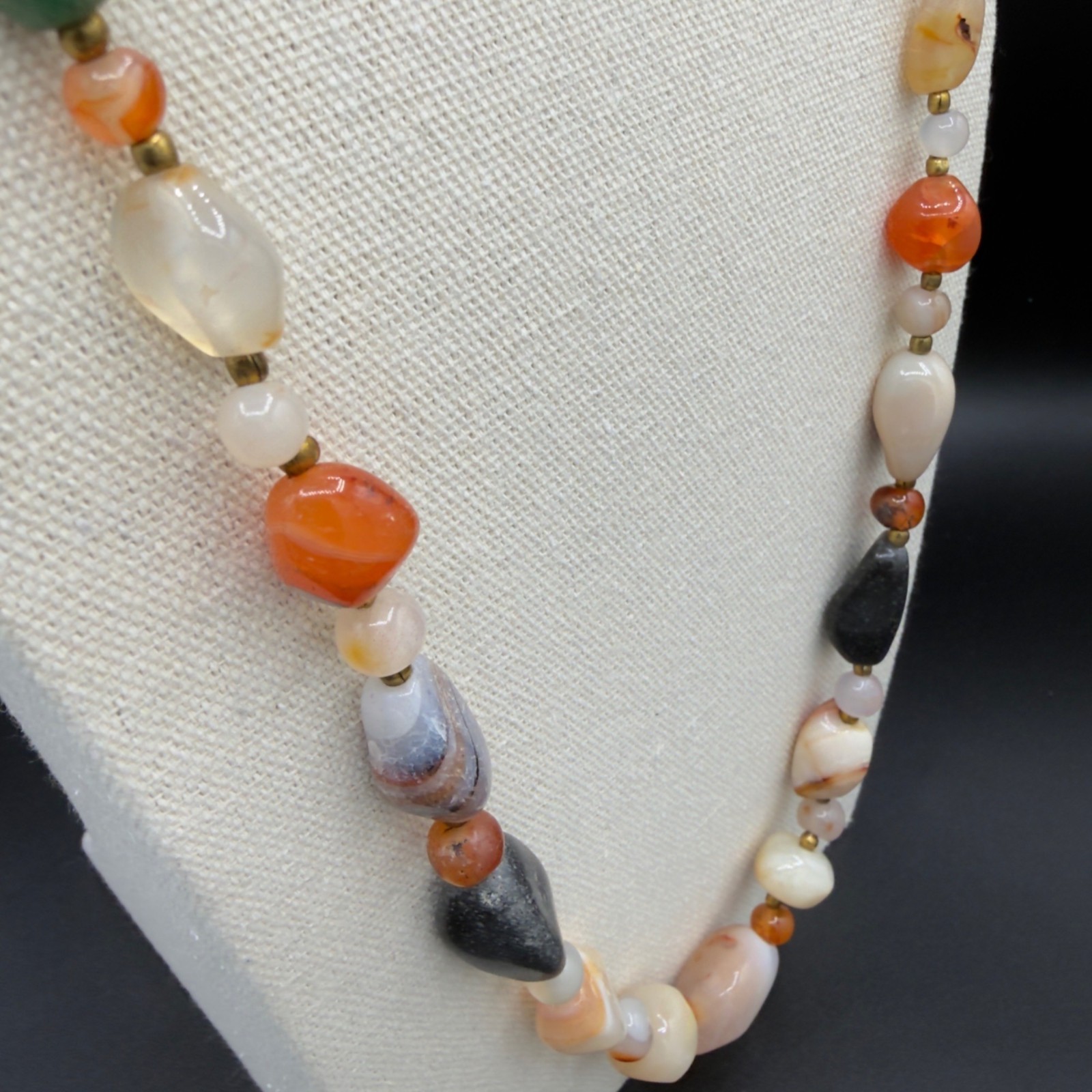 Vintage Beggars Bead Necklace Polished Stone Fall Colors Opera Length 32″