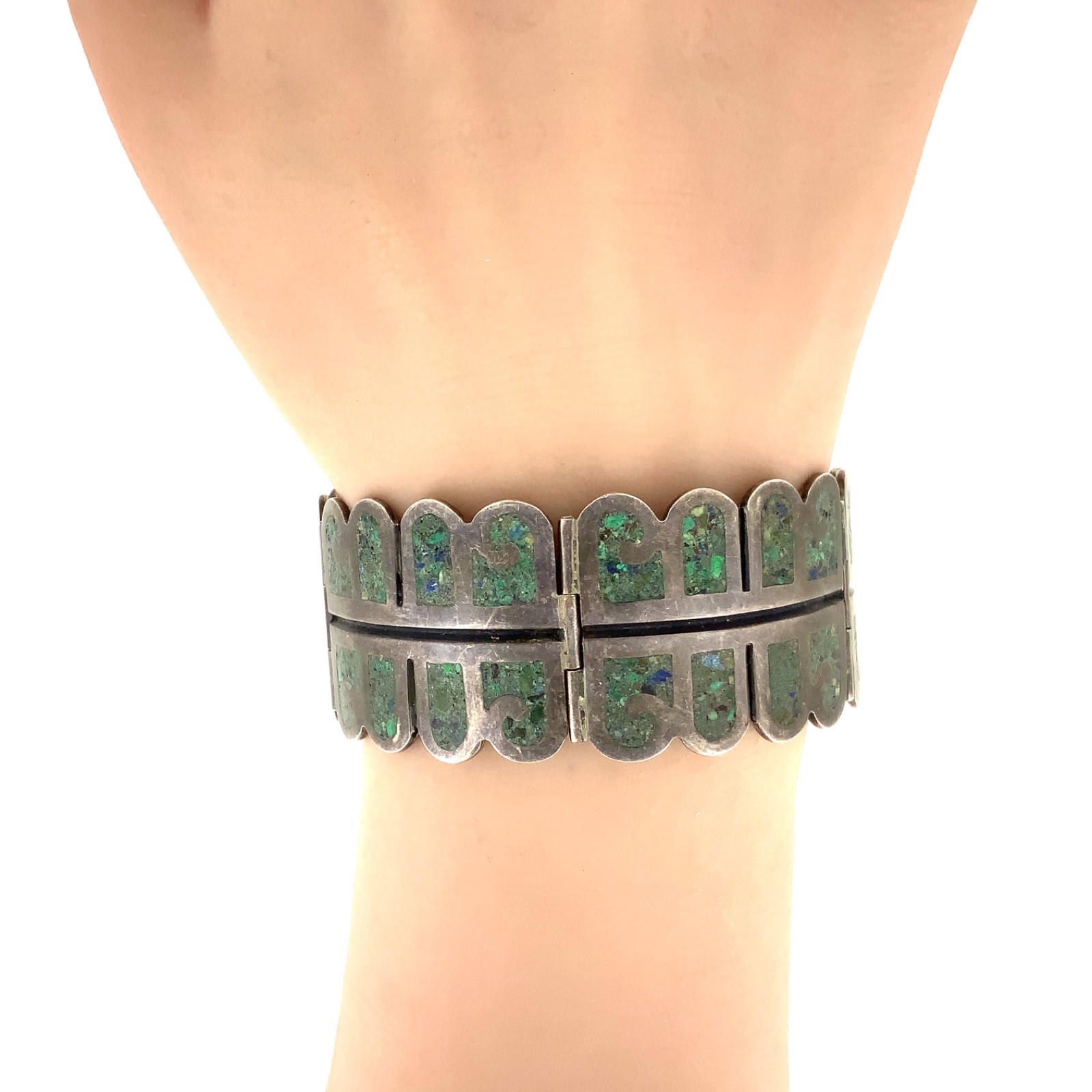 RQH Vintage Mexican Turquoise Chip Inlay, Sterling Silver Hinged Panel Bracelet
