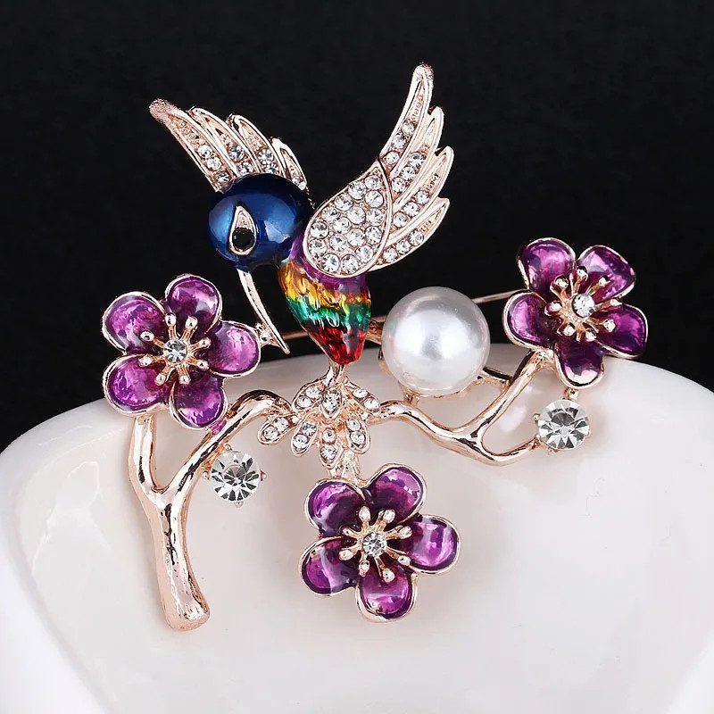 Enamel Alloy Plum Blossom Forest Songbirds Kingfisher Pearl Brooch Clothing Pin