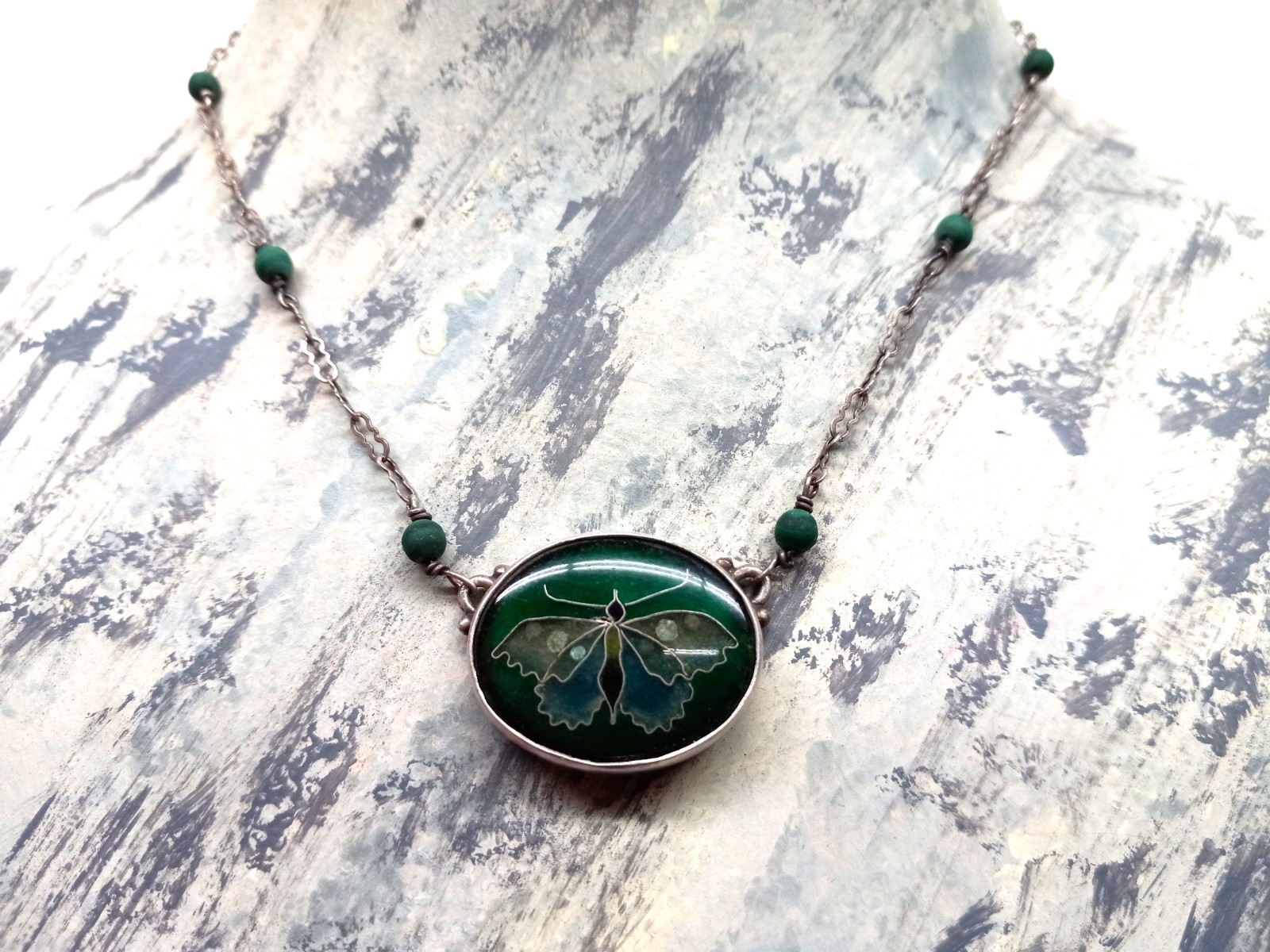 SIGNED TONI STRASSLER CLOISENNE PENDANT NECKLACE BUTTERFLY 9/1978