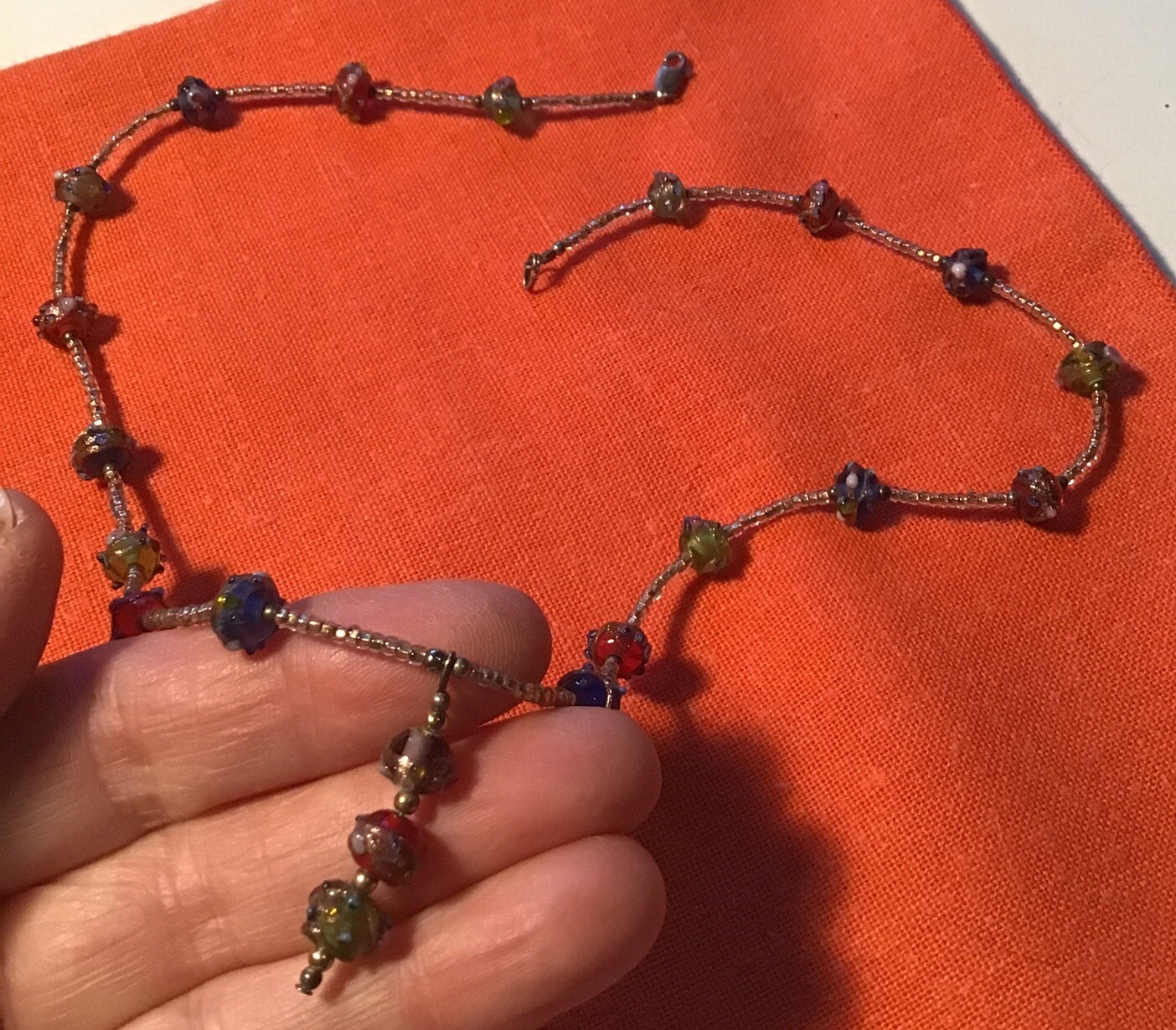 Pretty Vintage Mid Century Handmade Multicolor Candlework Beads Necklace 19”