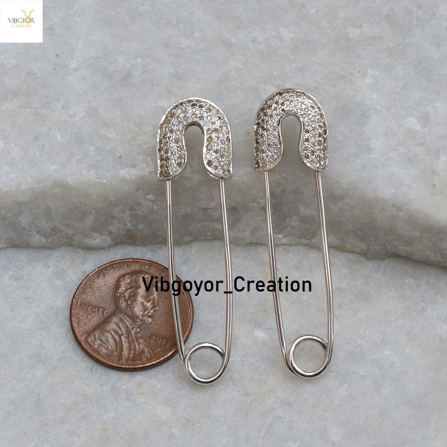 Sale! Diamond Safety Pin Pendant 925 Sterling Silver Handmade Jewelry Brooch Pin