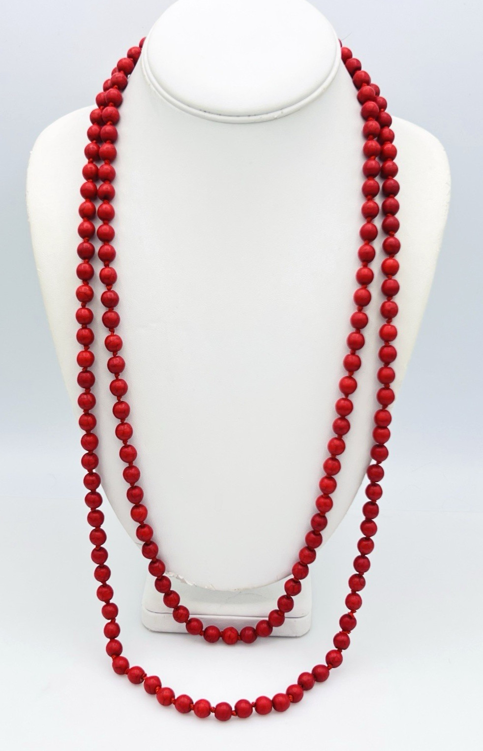 Vintage Hand Knotted Dyed Red Howlite Flapper Necklace 60 in