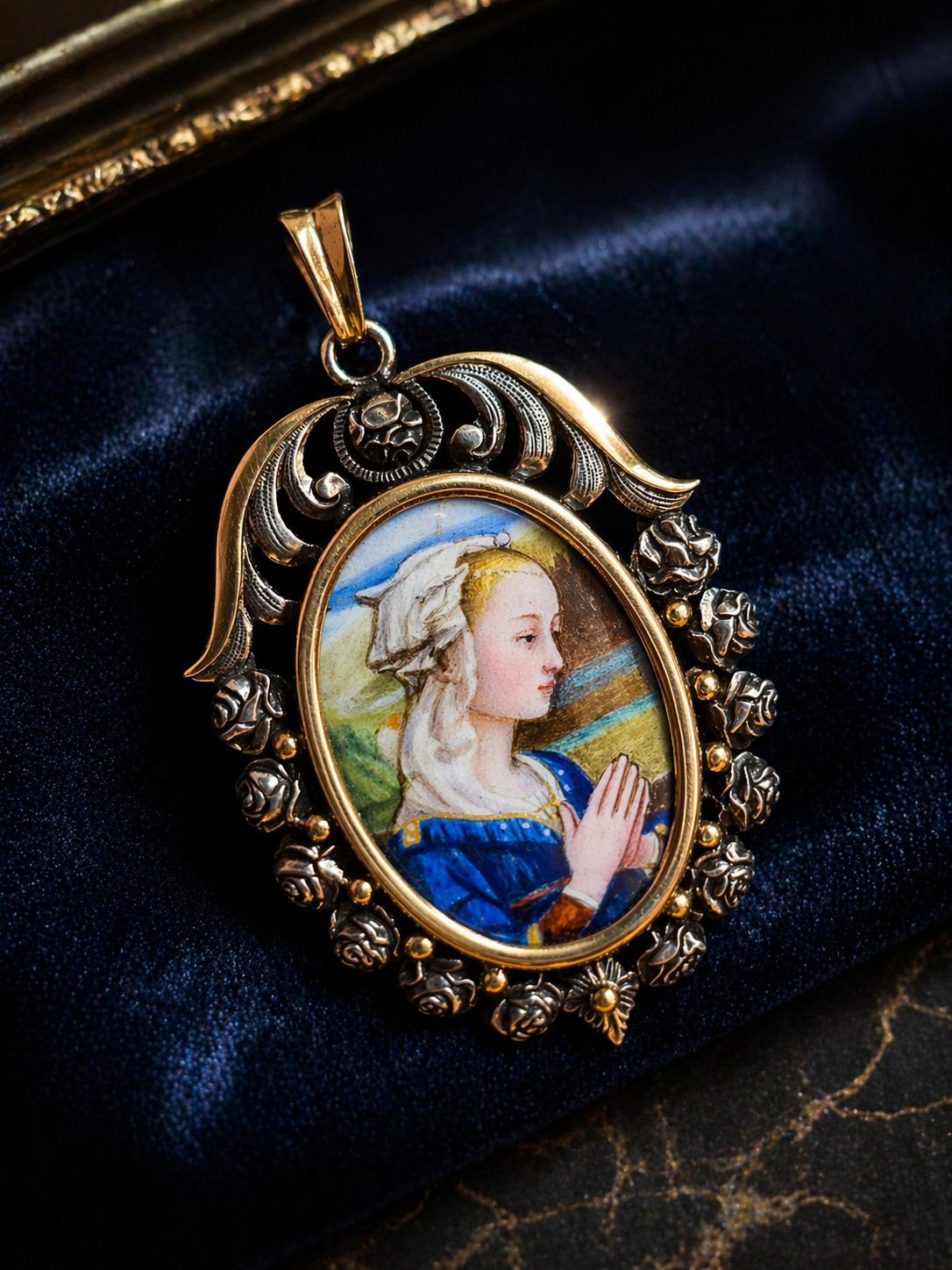 Antique Art Nouveau Silver & 18K Gold Enamel Virgin Pendant Hand Painted Medal