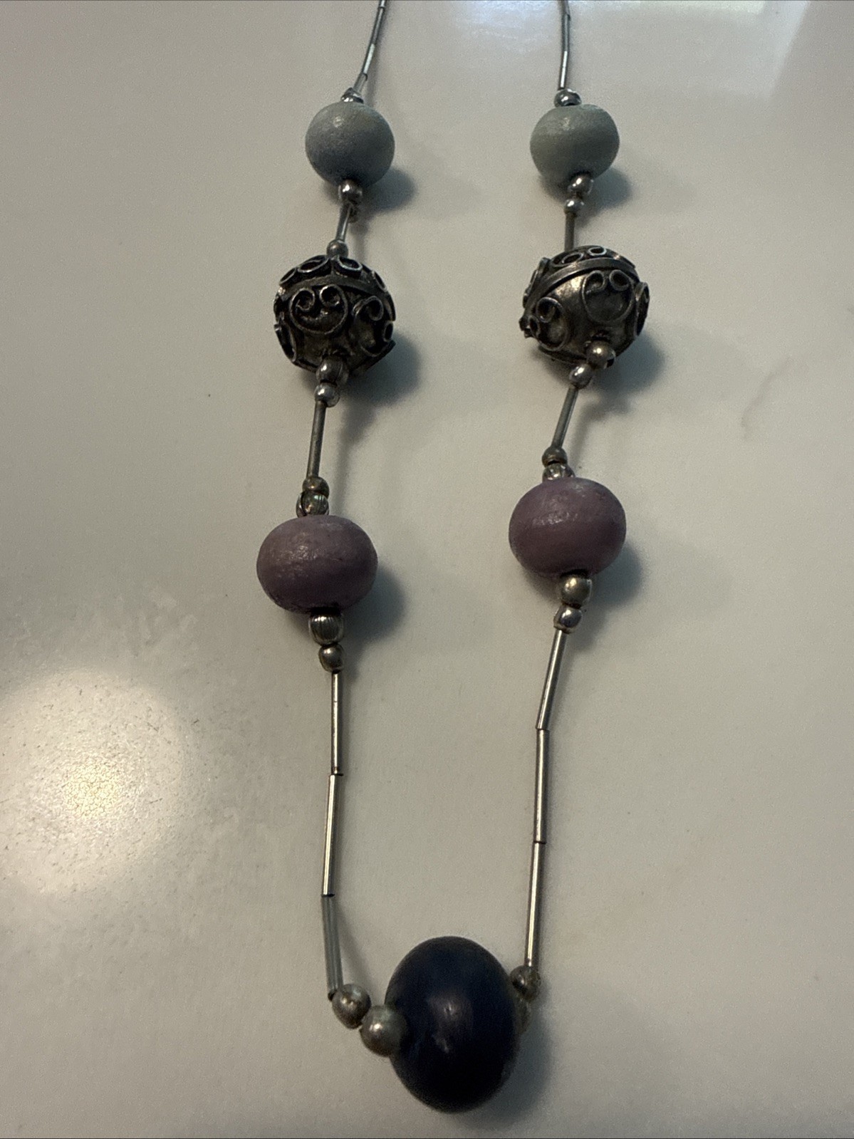 Vintage Liquid Silver Tone And Purple, Blue, Black And Silver Beaded Necklace
