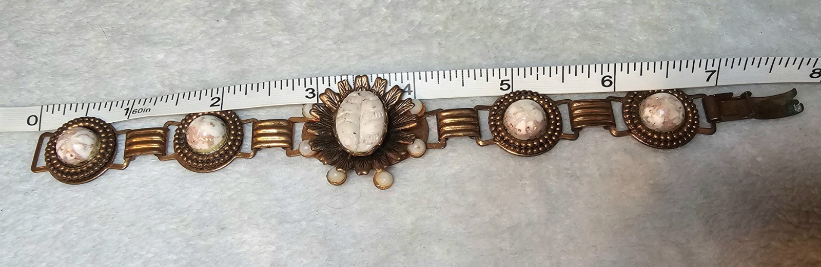 1940s Czech Glass Bracelet White Opaline Confetti Foil Brass