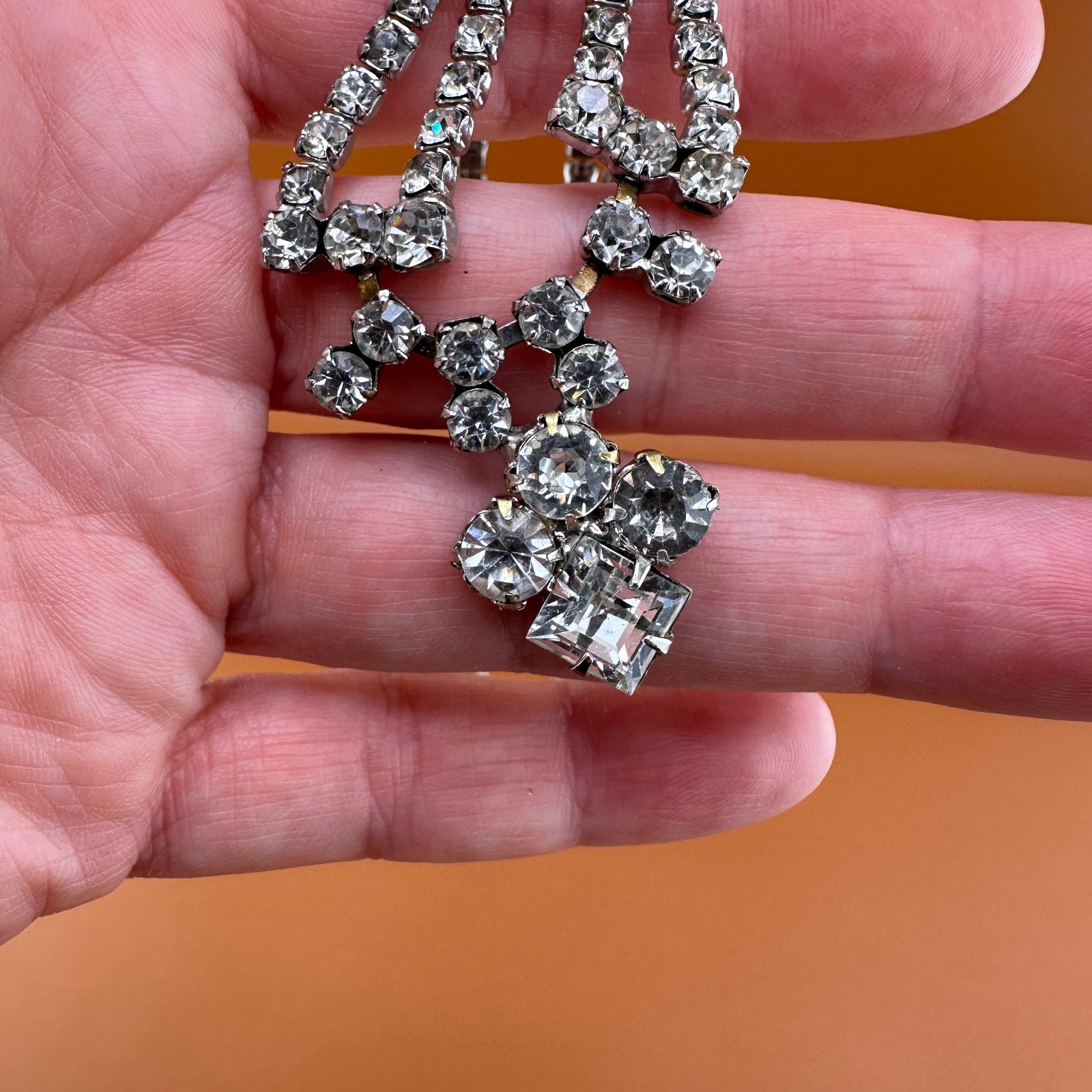 Vintage Rhinestone Festoon Style Necklace Silver Tone Cup Chain Clear Stones