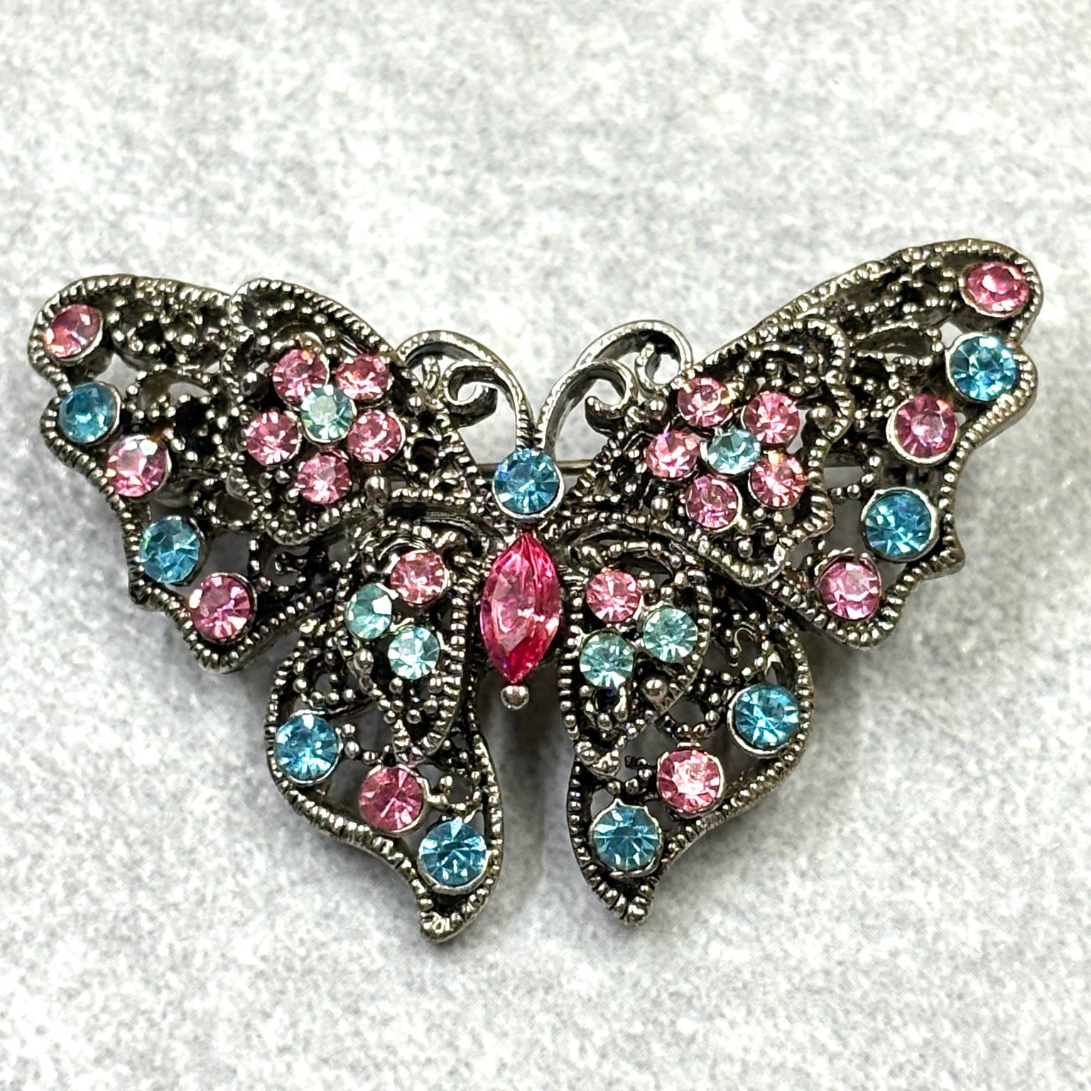 Vintage Butterfly Filigree Silver Tone Brooch 2″ x 1.5″ Rhinestone Multi-Color