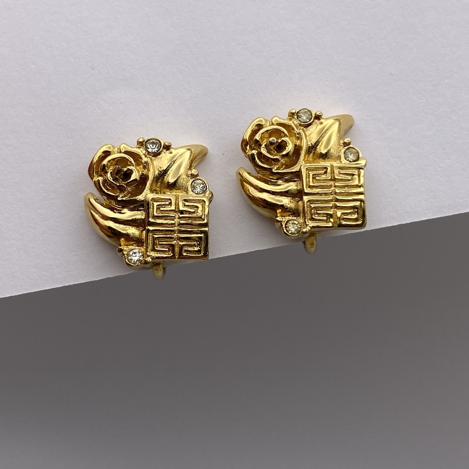 Vintage Givenchy Earrings Signed Flower Gold Tone Logo 80s Every Day Classic