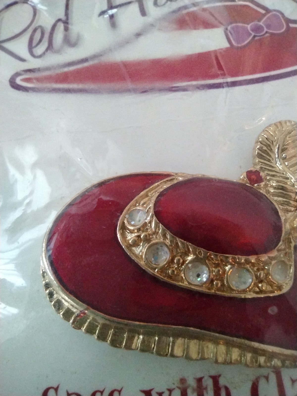 1980s Red Hat Society H’ATTITUDE Red Enamel 18kt Gold Finish Rhinestone Brooch