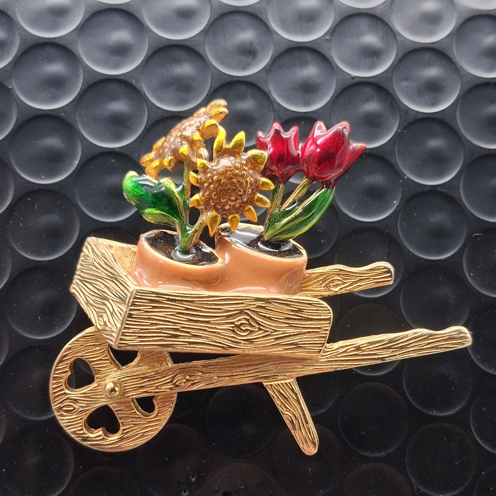 Vintage Gold Tone Enamel Wheelbarrow Brooch With Potted Sunflowers Red Tulip