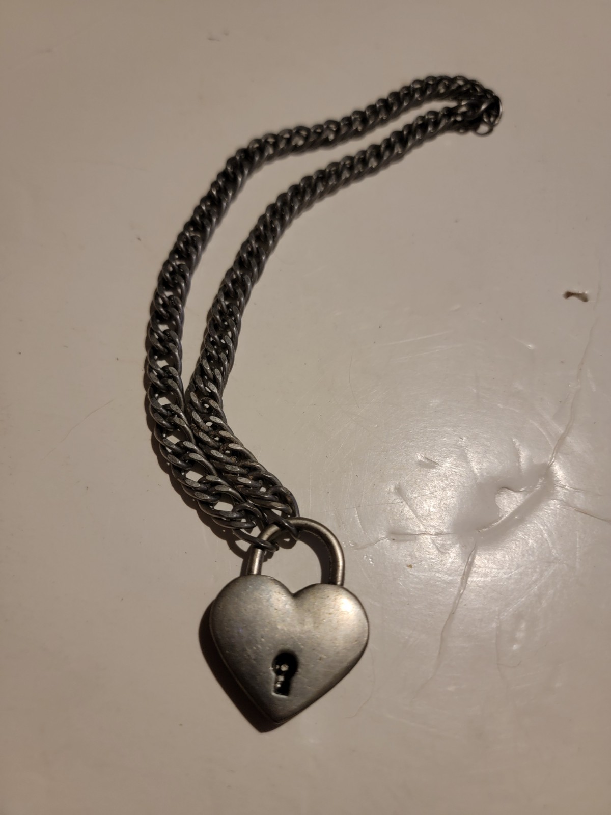 Antique Silver Heart Padlock Charm Necklace Link Chain Jewelry