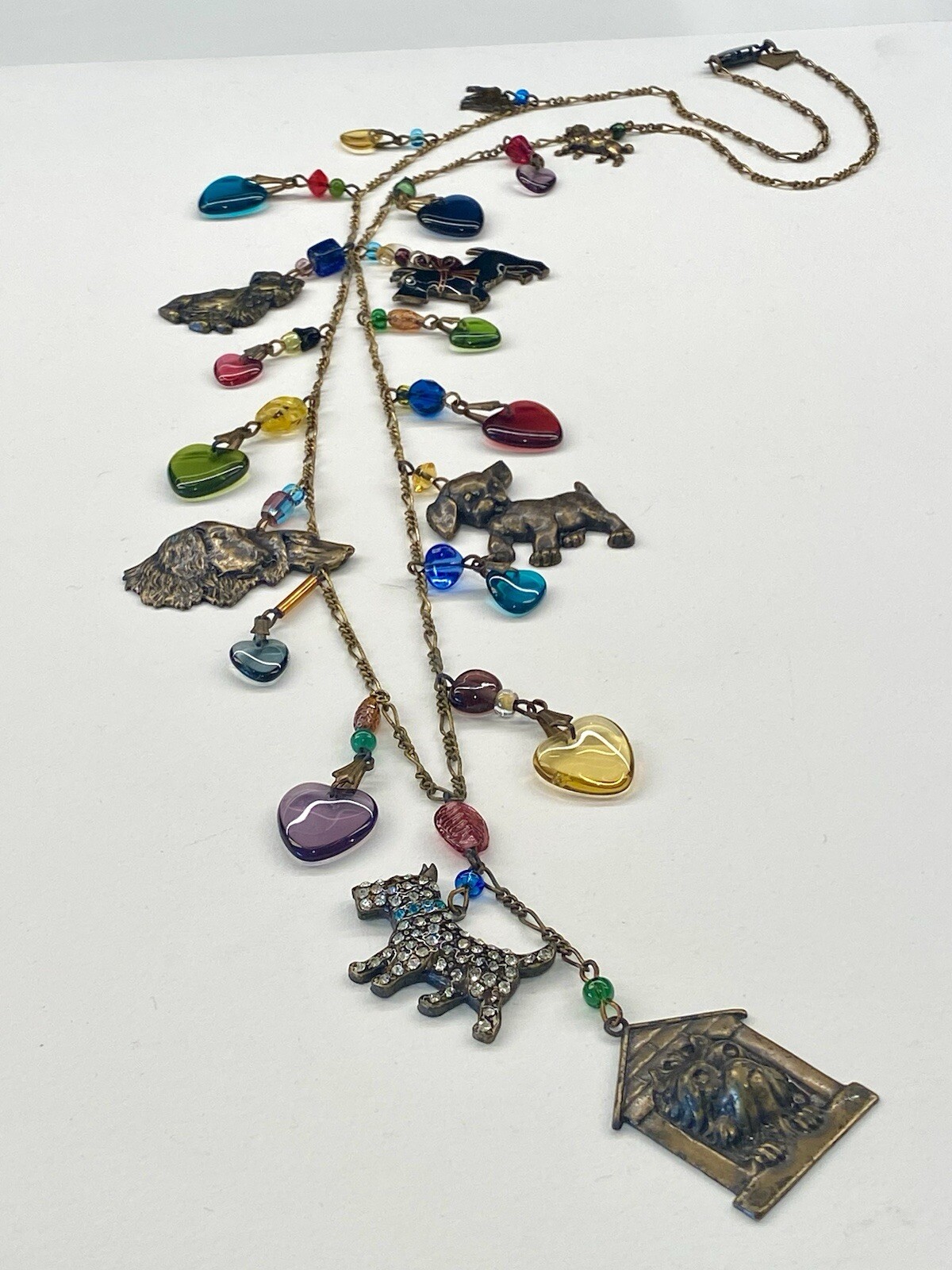 VINTAGE GLASS WORKS STUDIO GOLD CHAIN NECKLACE with Dog CHARMS ~ 32″