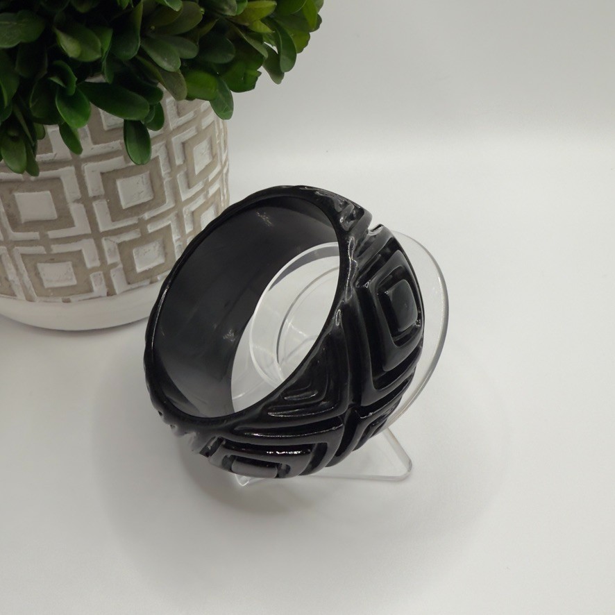 Vintage Black Lucite Bangle Bracelet Wide Carved Geometric Retro Statement