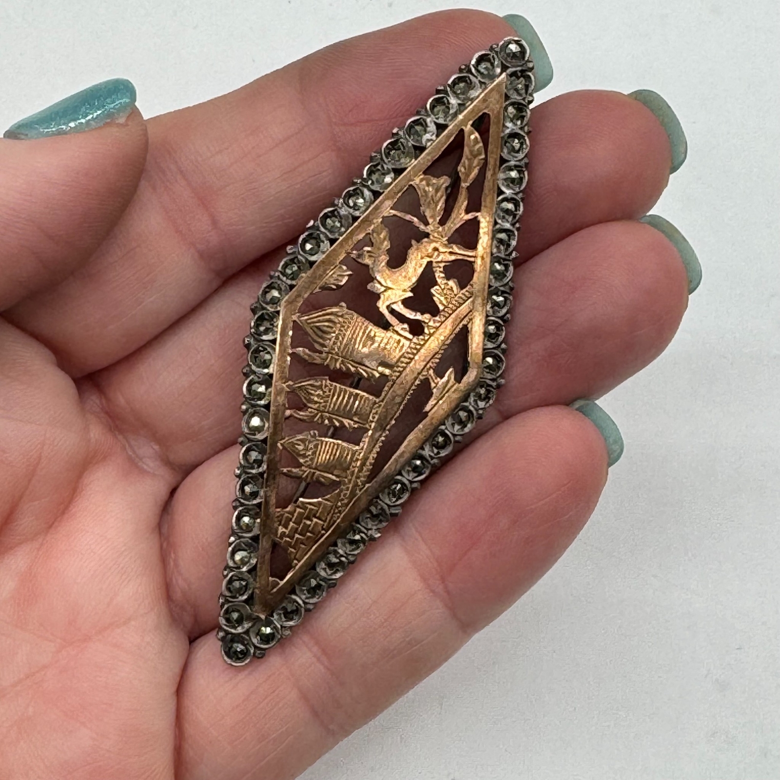 Antique 900 Silver C-Clasp Greek Design Marcasite Lozenge Brooch