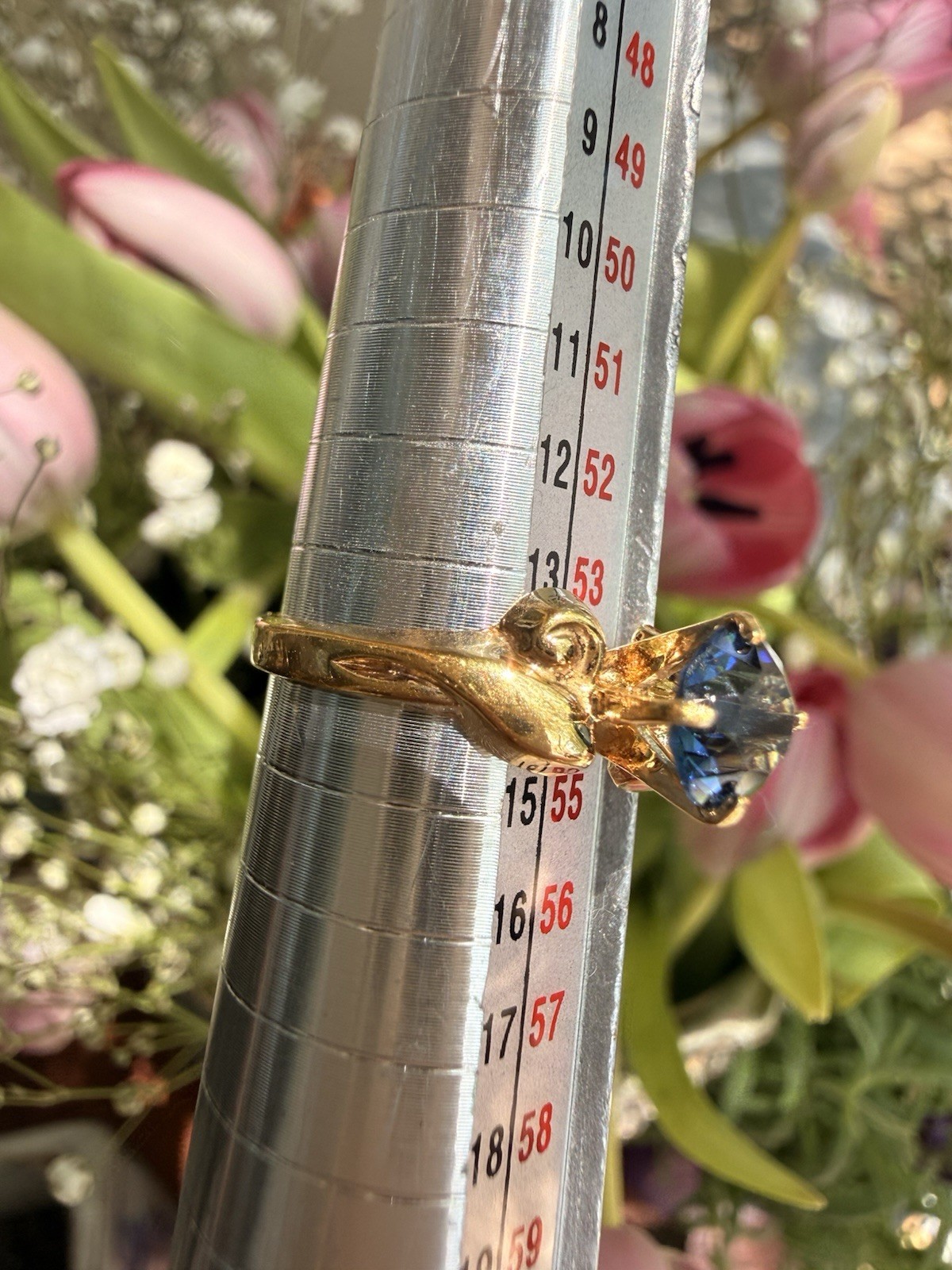 Vintage Seta Gold Plate Sapphire Ring Size 6.75 Solitaire Estate Find