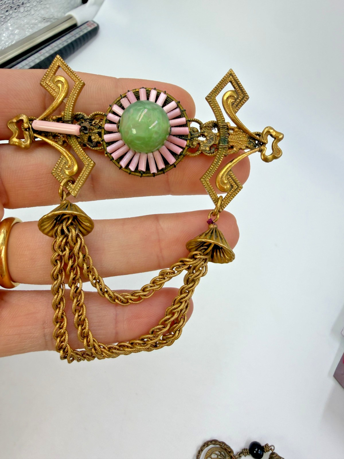 Vintage Brooch Miriam Haskell Brass Pink Green Glass Swag Festoon Signed PJ