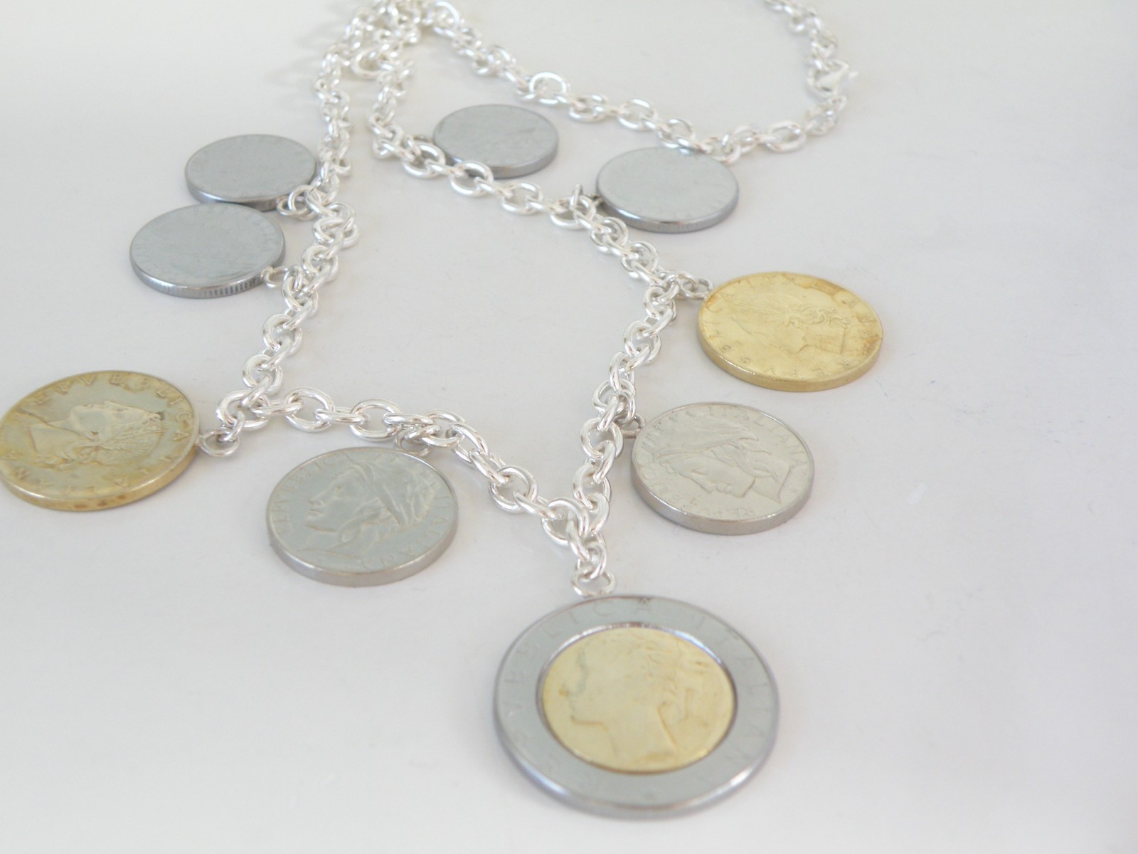 Milor Italy Sterling Silver 925 Italian Coin Charm Rolo Link Heavy Necklace 20″