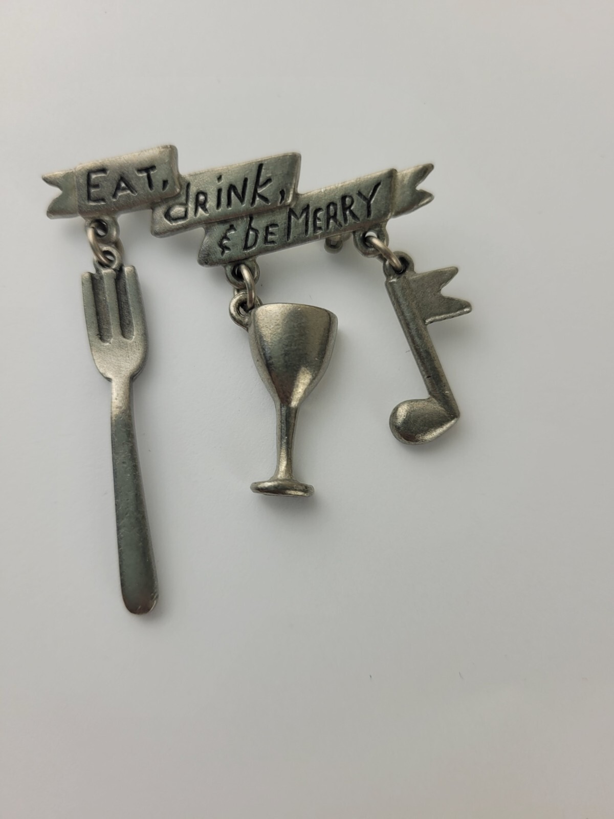 Vintage Tiny Clift Pewter Brooch Eat Drink & Be Merry Fork Wine Glass Music Note