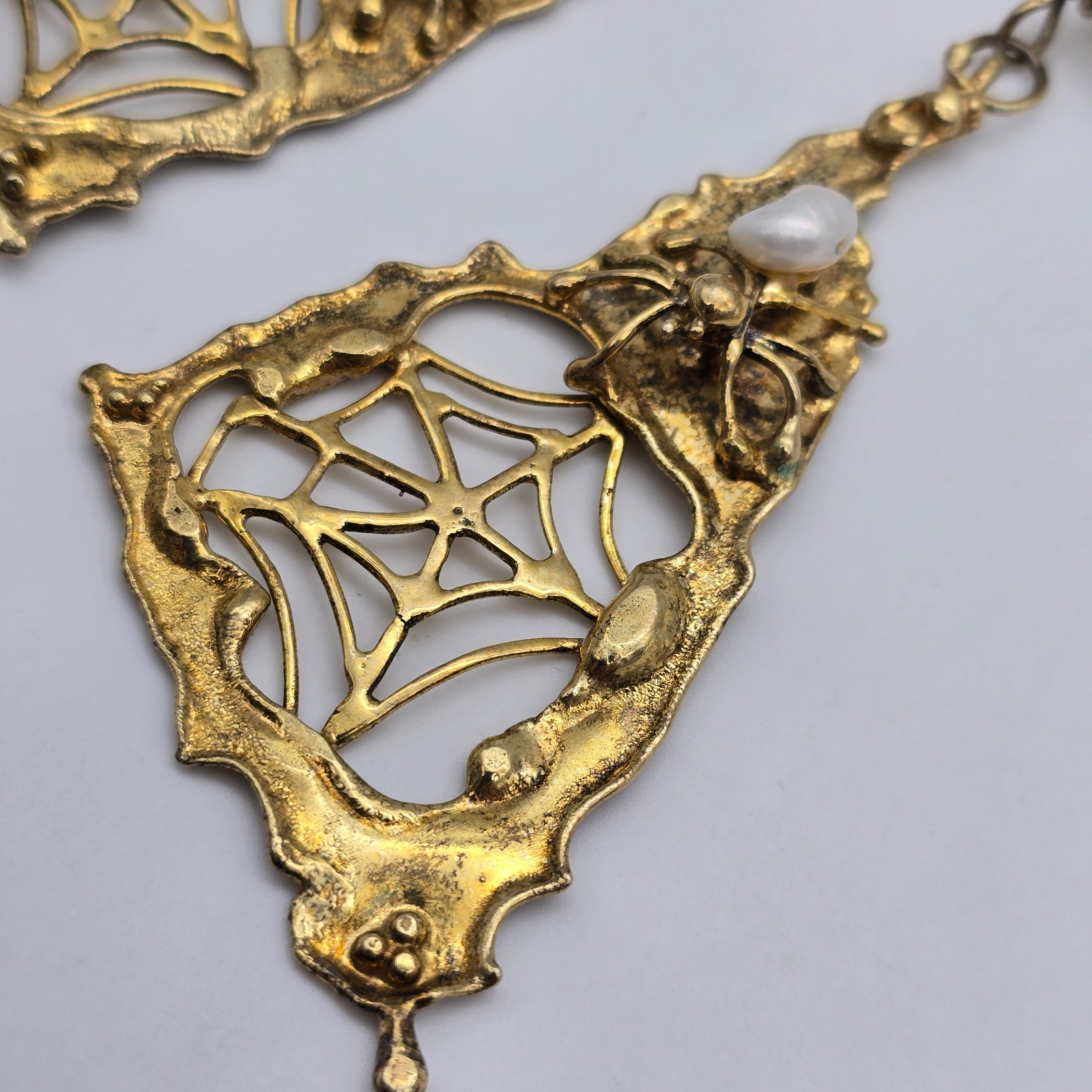 VTG Abstract Brutalist Spider Web Gold over Sterling Pearl Pendant Earrings Set