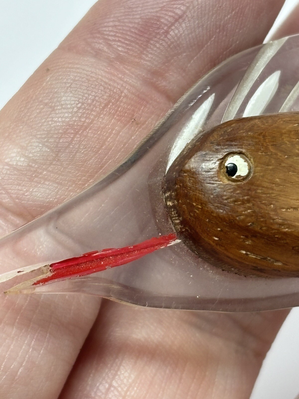 Vintage Carved Lucite And Wood Swordfish Fish Brooch Pin With Painted Details