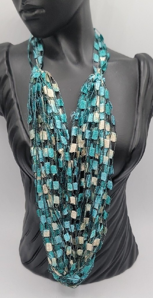Scarf Ribbon Necklace Turquoise White Block Pattern 24″ Necklace VTG