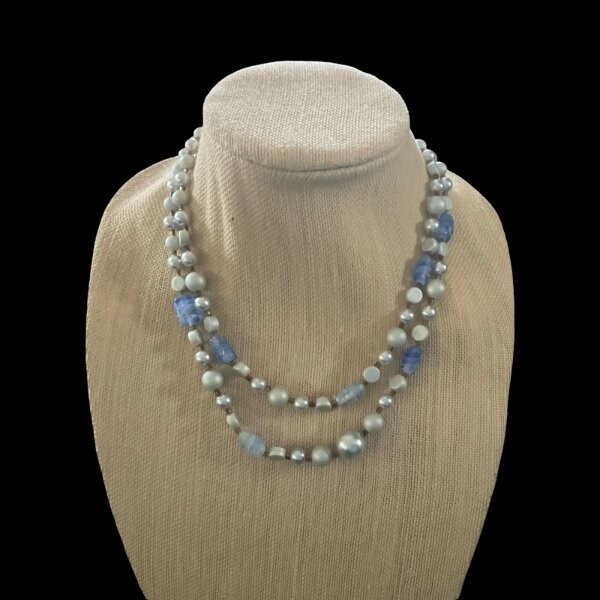 Vintage Double Strand Grey Pearl and Blue Swirled Lucite Bead Necklace